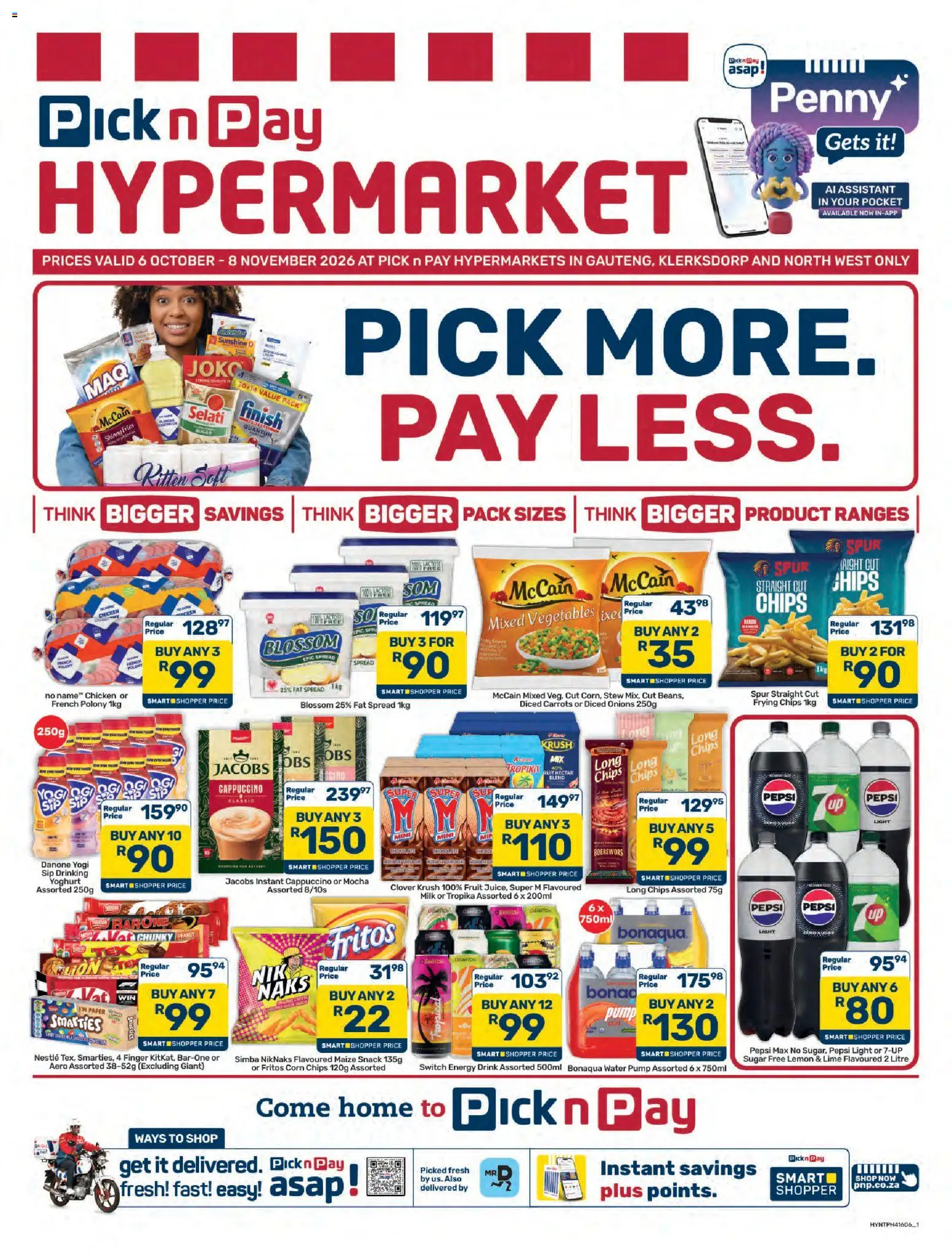 Preview of Pick n Pay flyer valid from 06/10/2026 - Water, Fruit, Sugar, Boerewors, Carrots, Paper, Pepsi Max, Fat spread