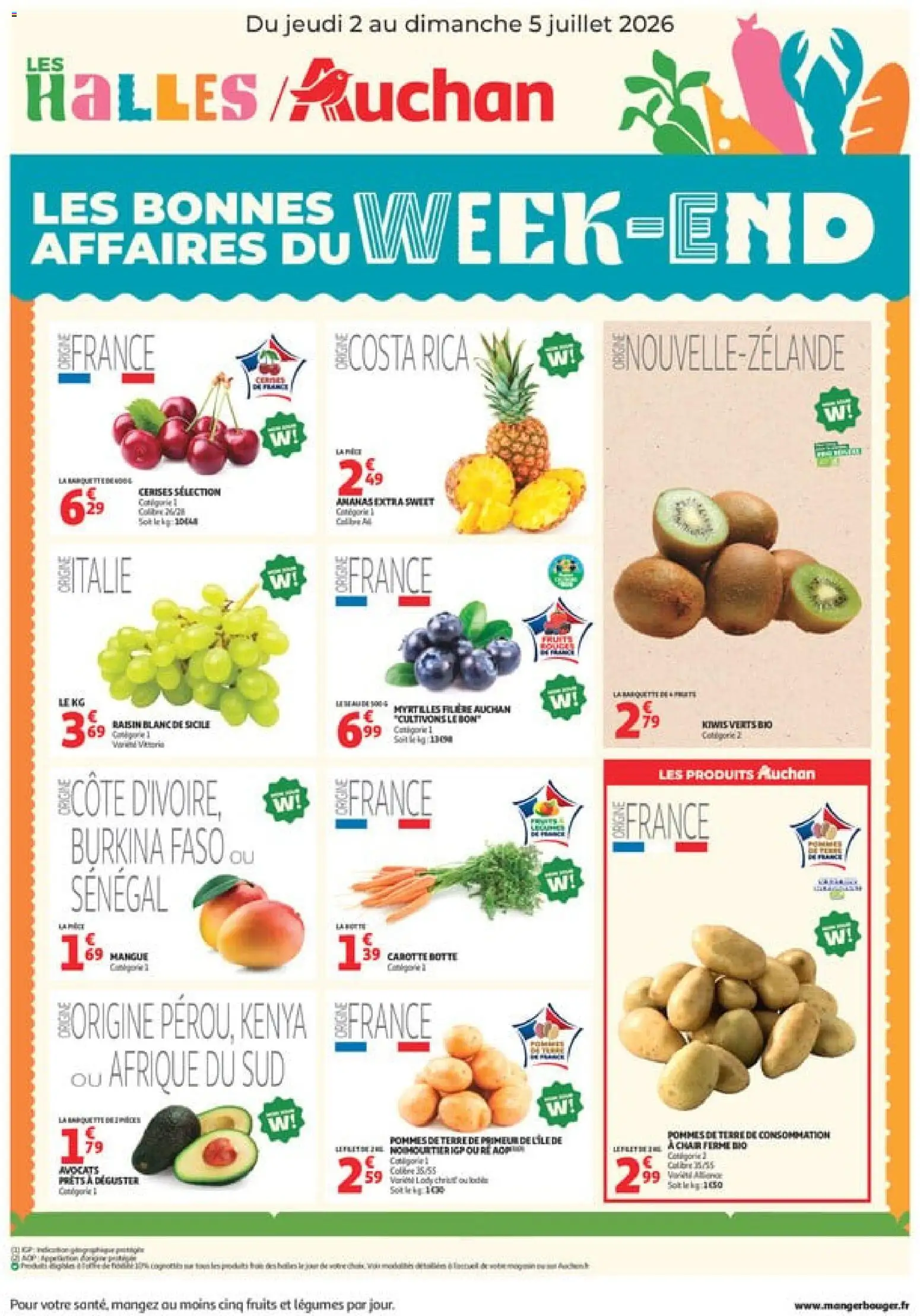 Prévisualisation de Auchan les bons plans du week-end dans votre hyper du magasin Auchan formulaire valide 02/07/2026 - Kiwi, Myrtilles, Pommes de terre, Cerises, Mangue, Raisin, Pommes, Avocats
