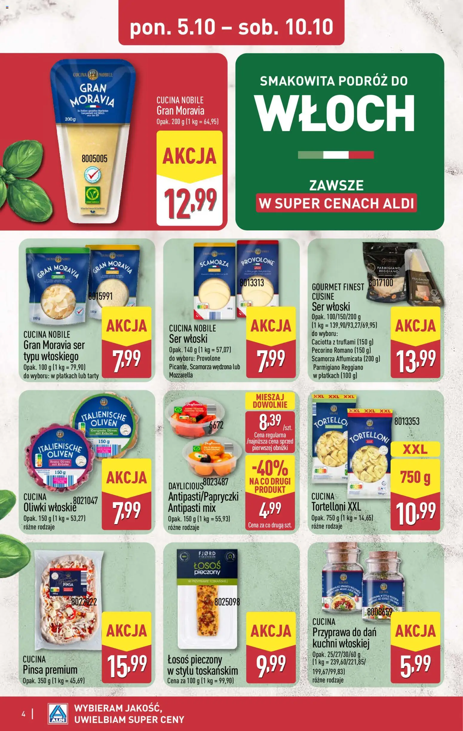Pogląd gazetki "Aldi gazetka - Smakowita podróż do Włoch" ze sklepu Aldi ważnej od 05.10.2026 - Mozzarella, Ser, Łosoś, Pecorino, Pecorino romano, Parmigiano Reggiano, Antipasti, Oliwki