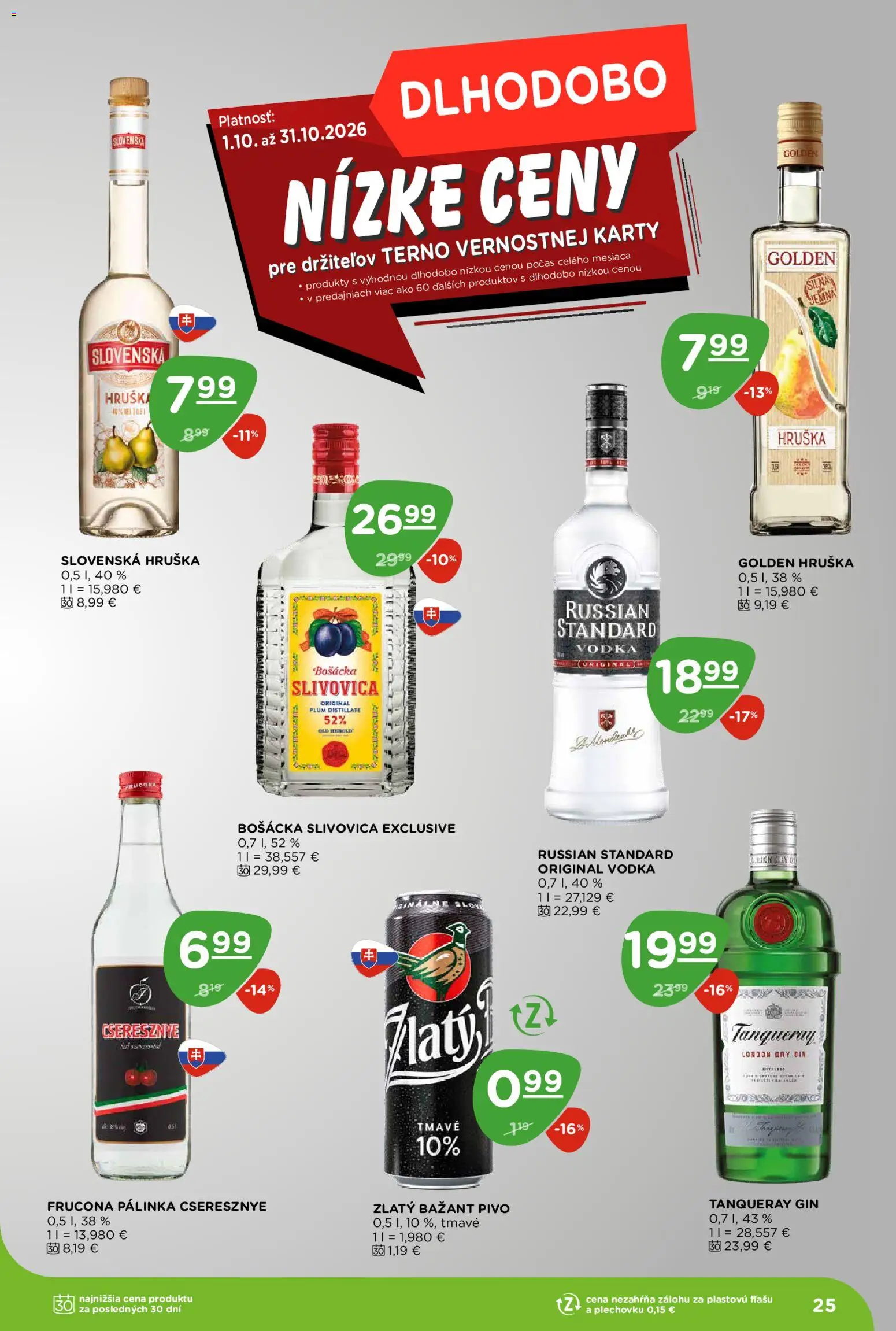 Náhľad Terno letáku platného od 22.10.2026 - Pivo, Vodka, Gin, Slivovica, Bošácka slivovica, Zlatý Bažant, Russian Standard