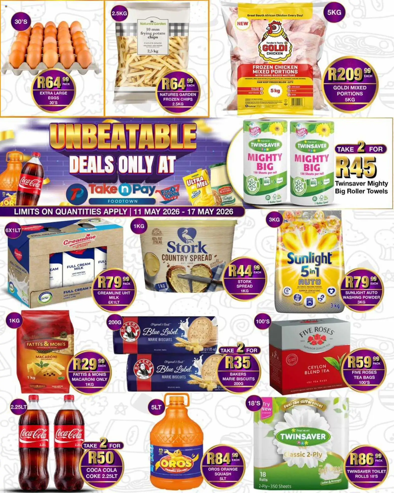 Preview of Take n Pay flyer valid from 11/05/2026 - Eggs, Tea, Milk, Biscuits, Chips, Washing powder, Powder, Spread