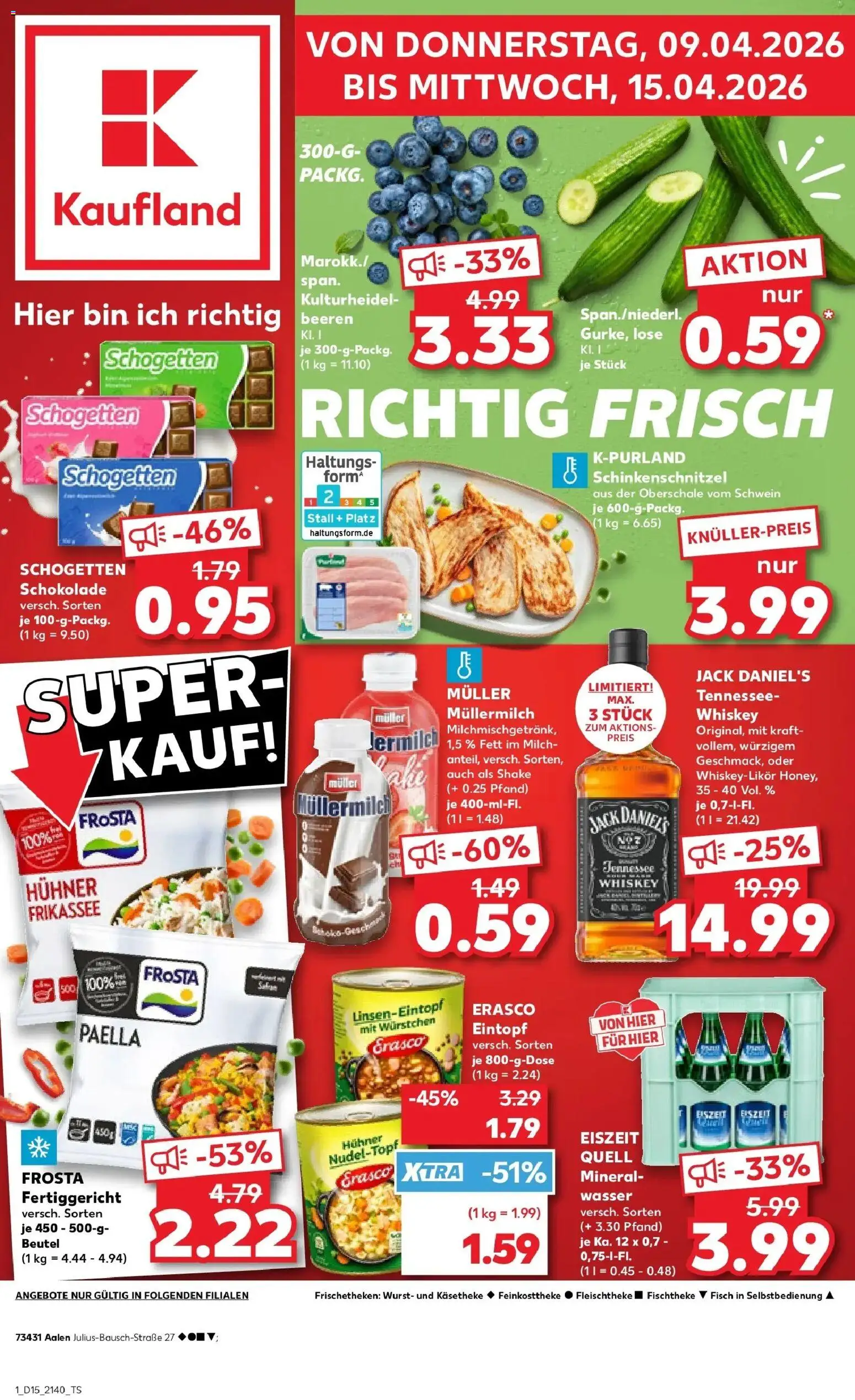 Vorschau von dem Prospekt des Geschäftes Kaufland, gültig ab dem 08.04.2026 - Schokolade, Fisch, Mineralwasser, Frosta, Whiskey, Müllermilch, Jack Daniel's, Erasco