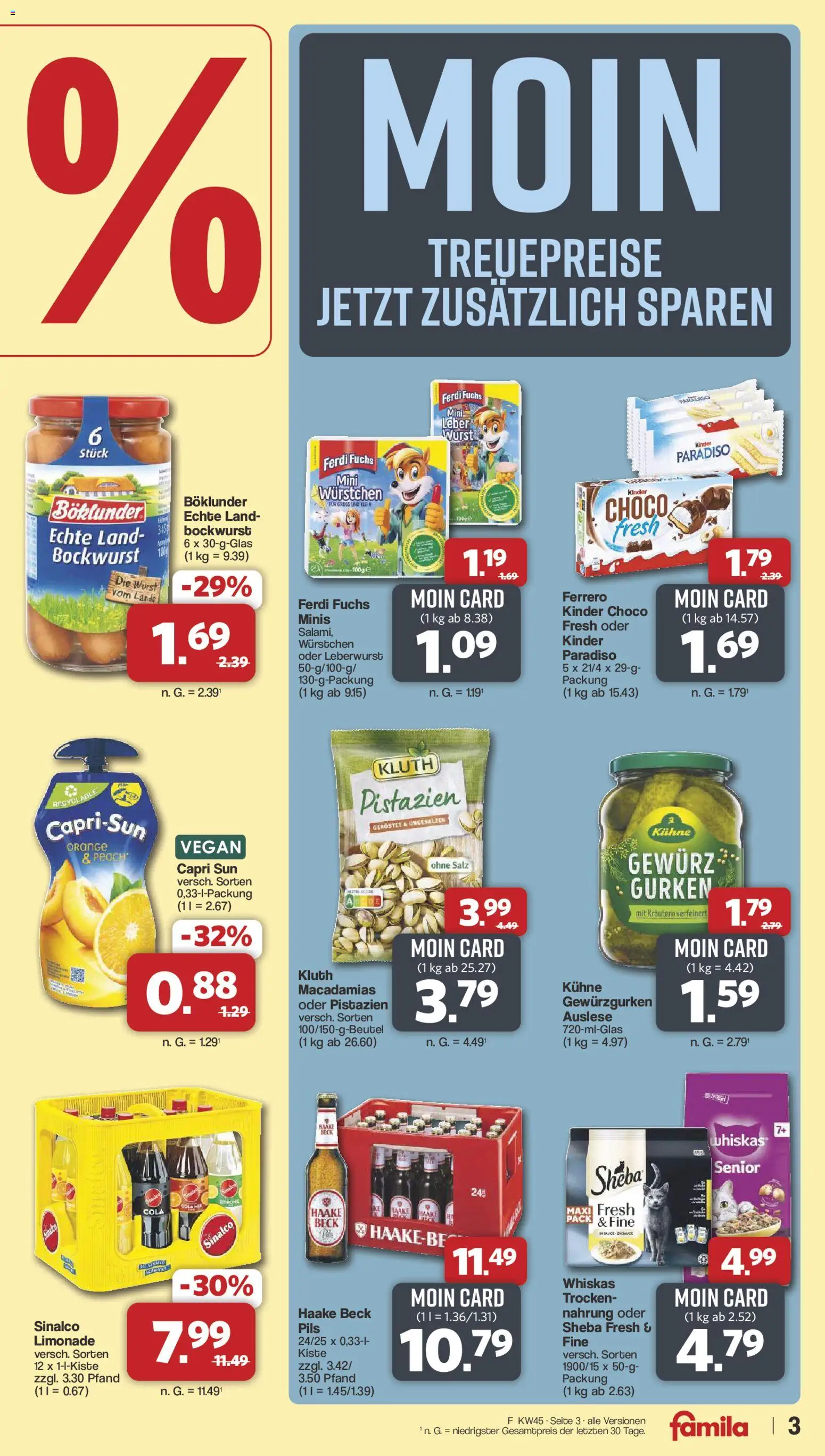 Vorschau von dem Prospekt des Geschäftes Famila Nordwest, gültig ab dem 02.11.2026 - Wurst, Pistazien, Bockwurst, Limonade, Sinalco, Whiskas, Pils, Sheba