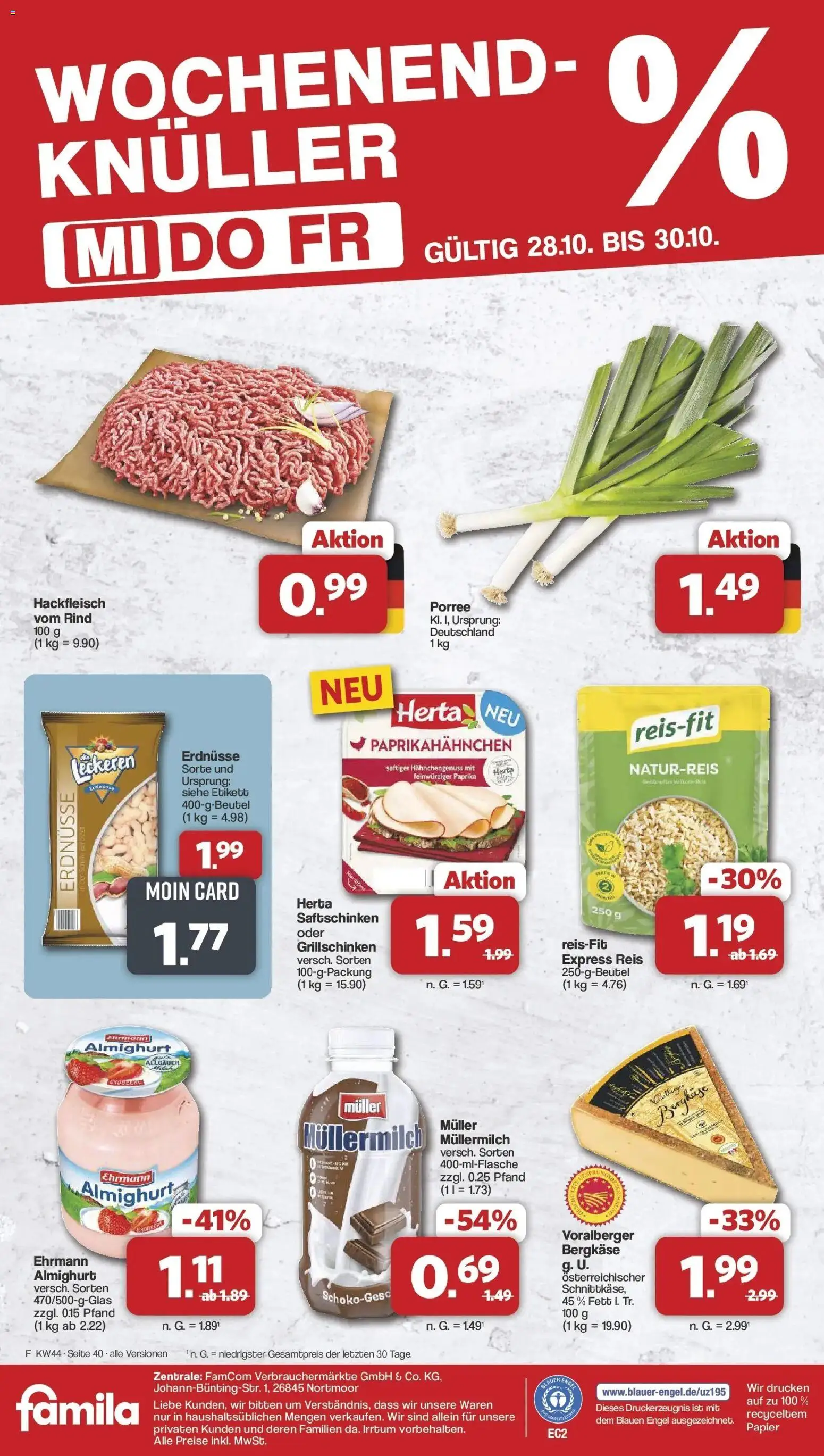 Vorschau von dem Prospekt des Geschäftes Famila Nordwest, gültig ab dem 26.10.2026 - Hackfleisch, Paprika, Reis, Erdnüsse, Müllermilch, Ehrmann almighurt, Muller mullermilch