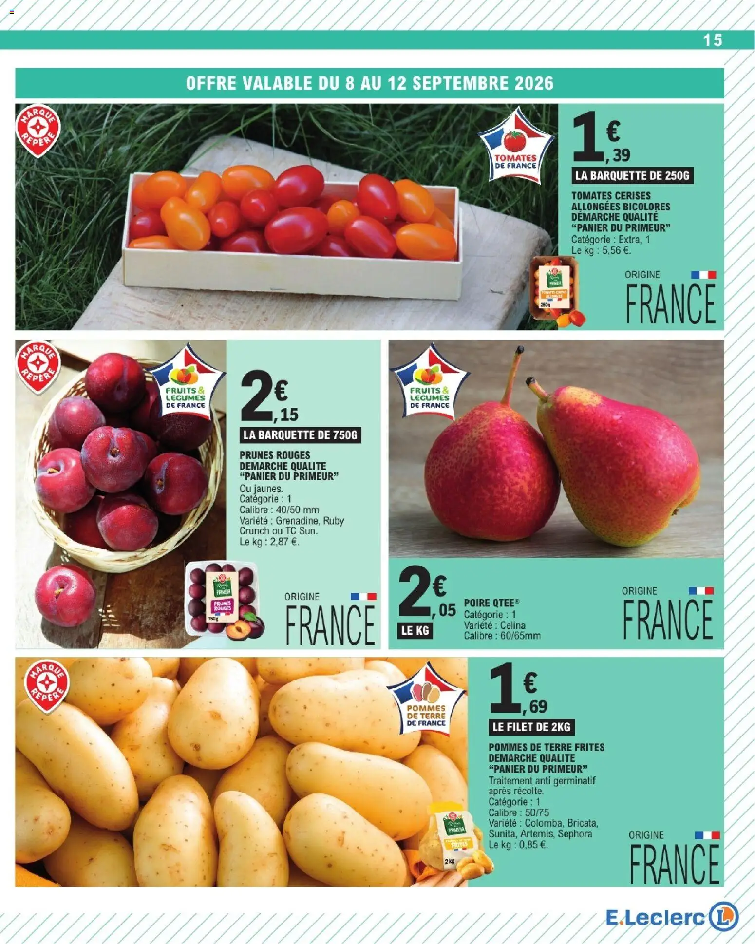 Prévisualisation de E.Leclerc catalogue du magasin E.Leclerc formulaire valide 08/09/2026 - Fruits, Pommes de terre, Poire, Frites, Panier, Tomates cerises, Pommes, Prunes