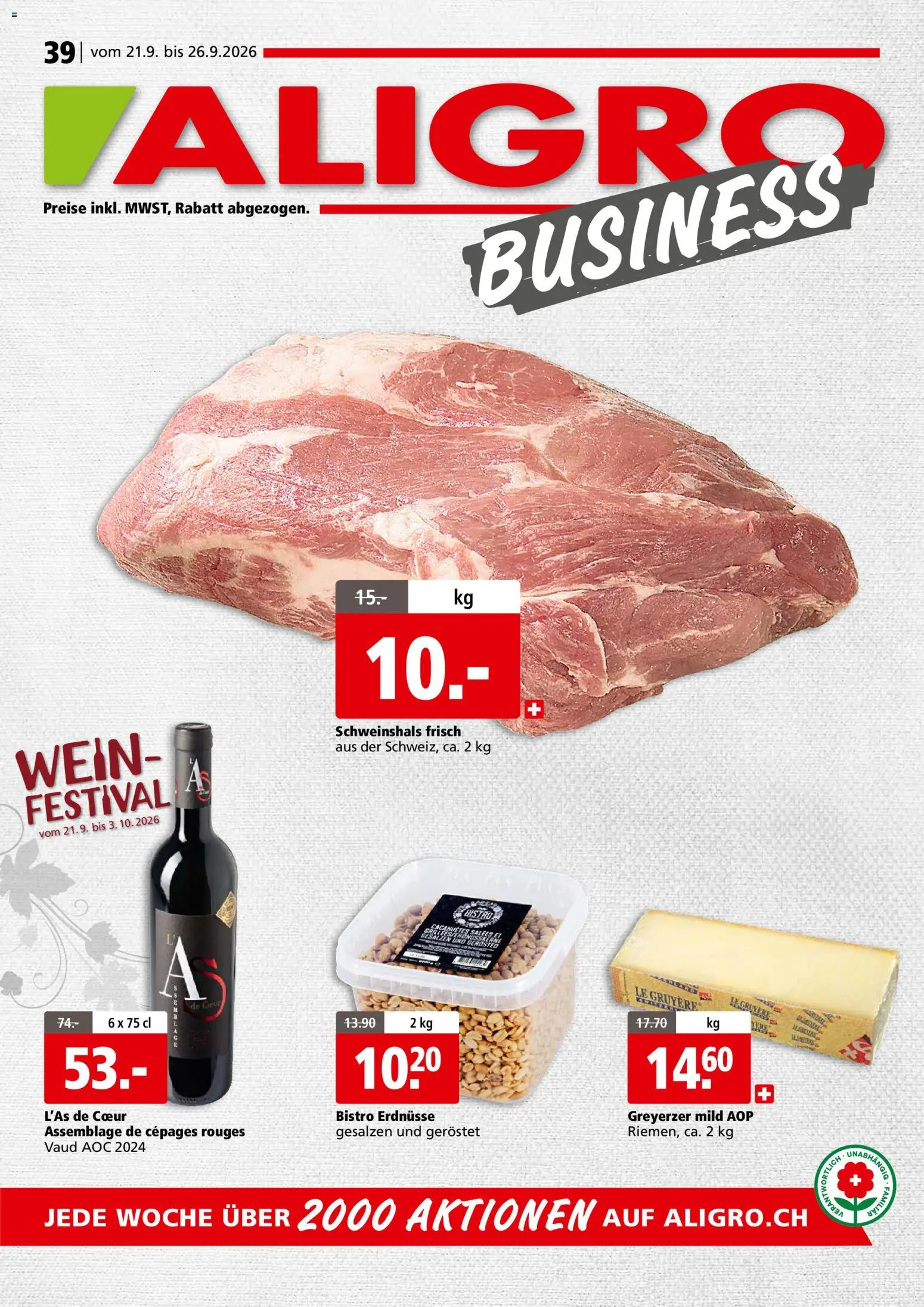 Vorschau des Merkblatts Aligro aktionen Business Chavannes, Matran, Genf, Sitten vom Shop Aligro gültig von 21.09.2026 bis 26.09.2026