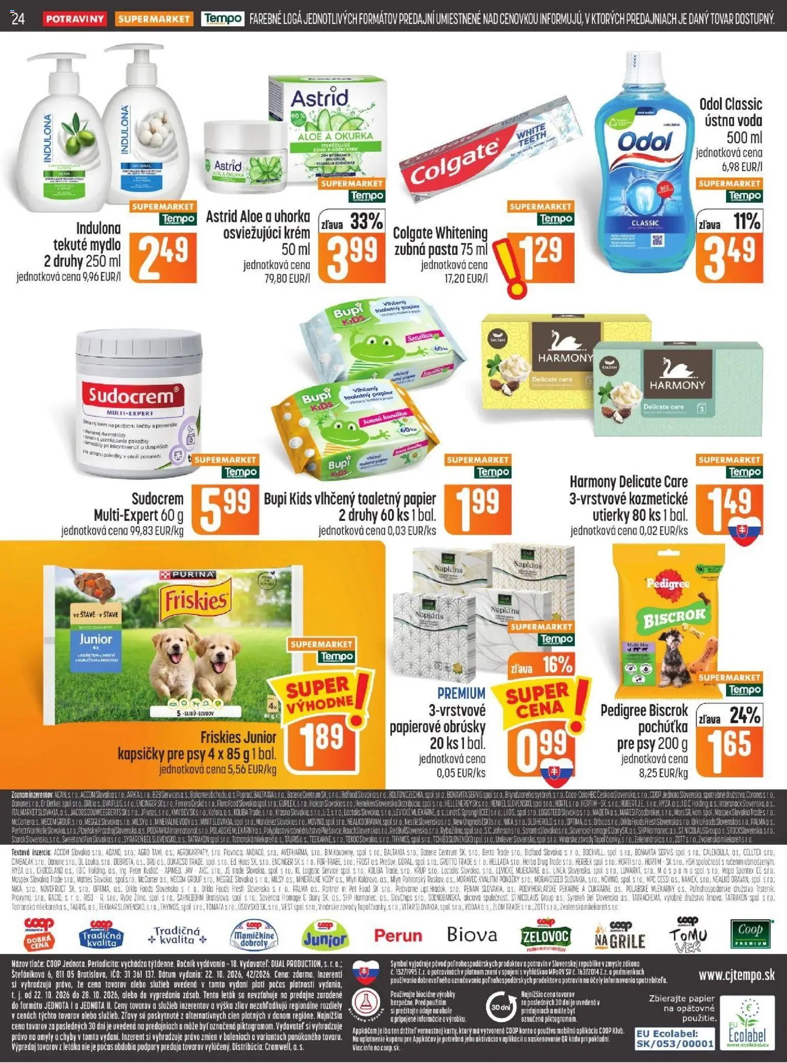 Náhľad COOP Jednota letáku platného od 22.10.2026 - Voda, Sudocrem, Ponožky, Flora, Toaletný papier, Batérie, Uhorka, Utierky