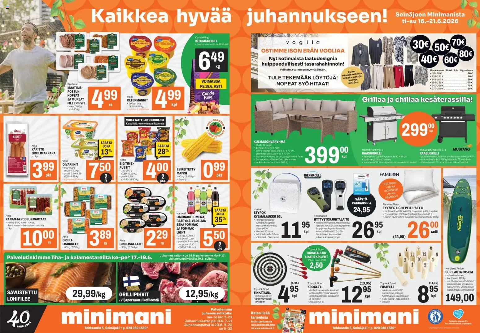 Kaupan Minimani Minimani tarjoukset - Seinäjoki esikatselu, voimassa 16/06/2026 - Sohva, Vadelma, Liha, Grillimakkara, Tikat, Tikkataulu, Vartaat, Irtomakeiset