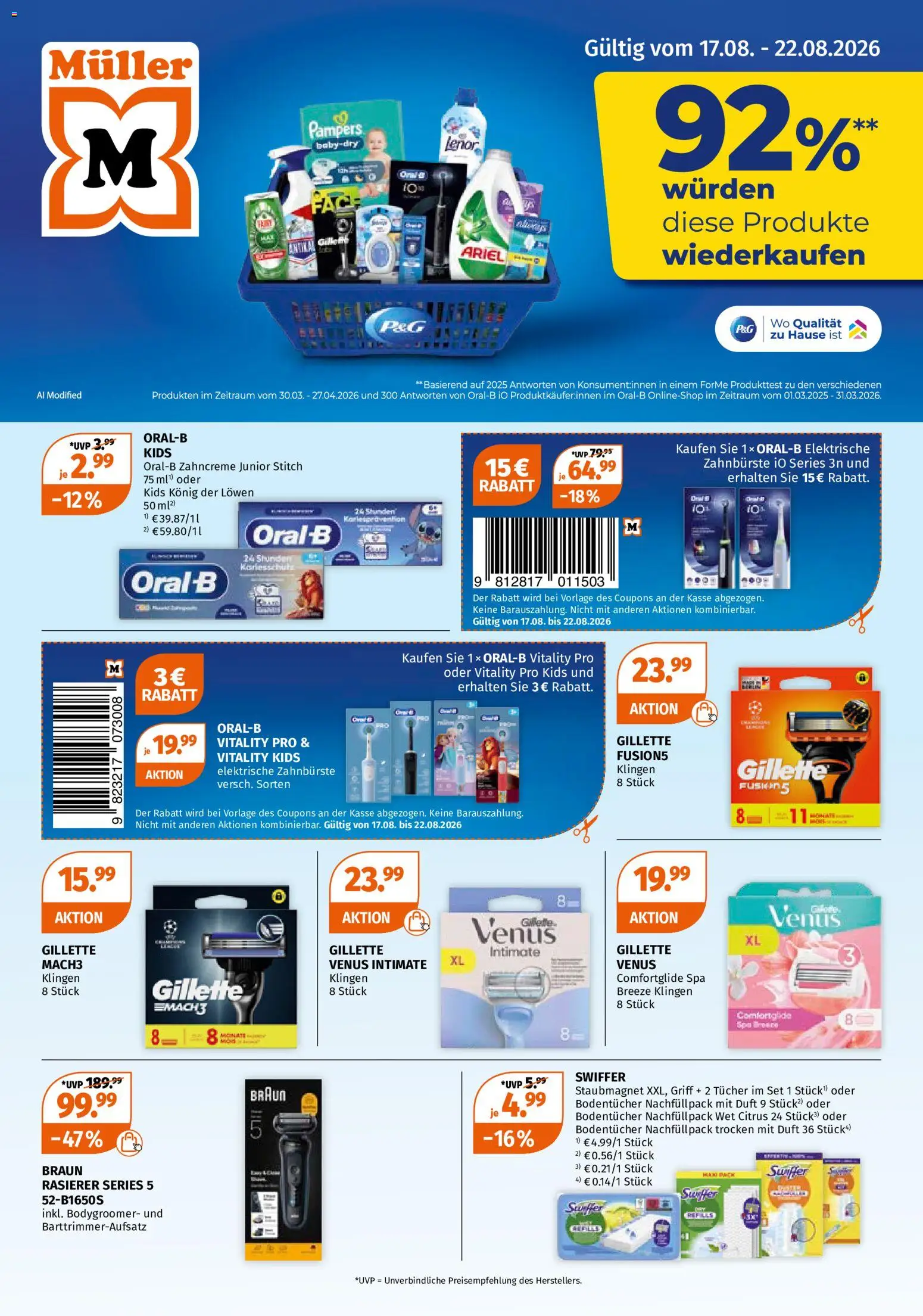Vorschau von dem Prospekt des Geschäftes Müller, gültig ab dem 17.08.2026 - Elektrische zahnbürste, Pampers, Ariel, Rasierer, Swiffer, Zahnbürste, Lenor, Duft