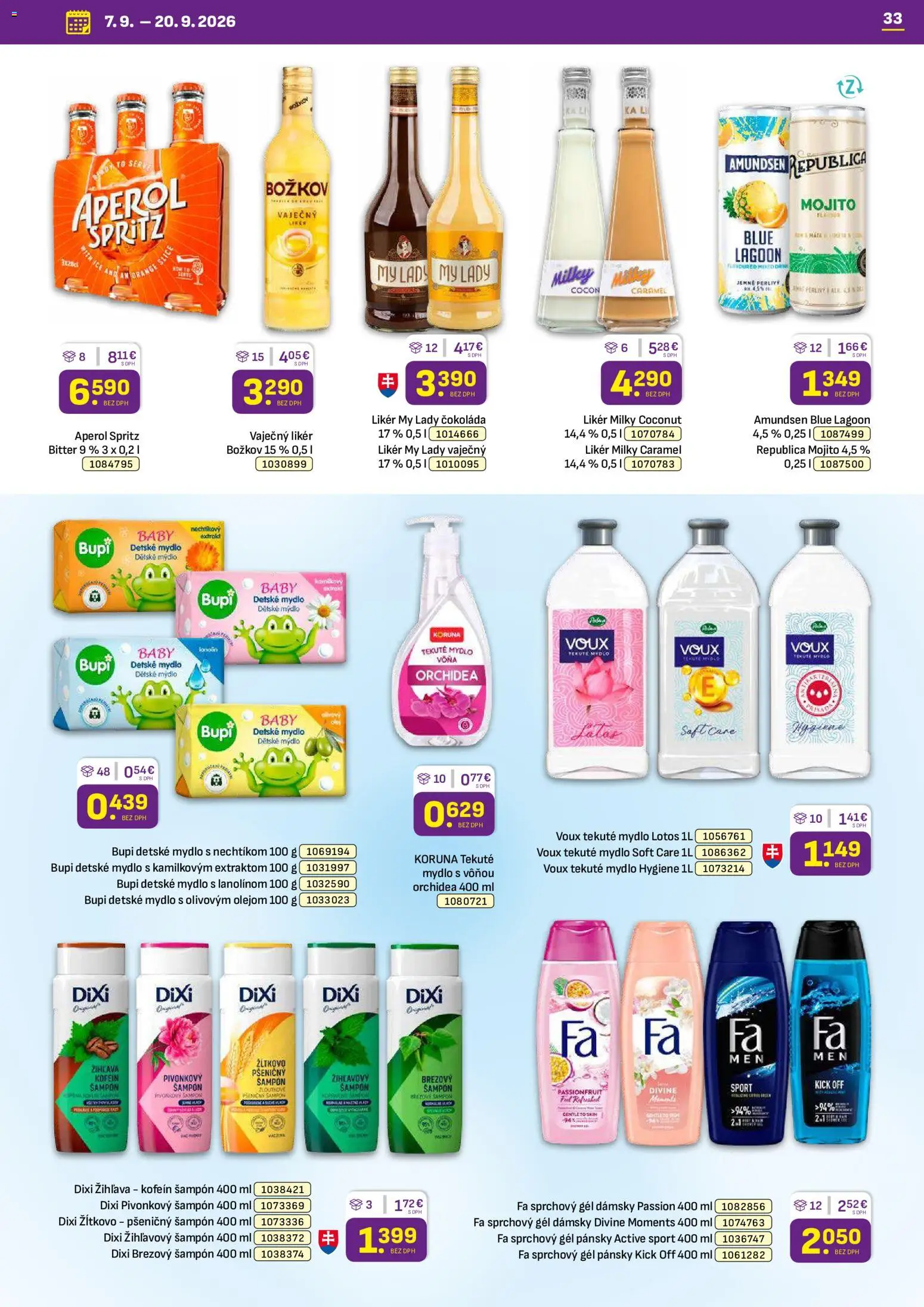 Náhľad Libex letáku platného od 07.09.2026 - Čokoláda, Aperol, Aperol Spritz, Orchidea, Mydlo, Vaječný likér, Božkov, Sprchový gél