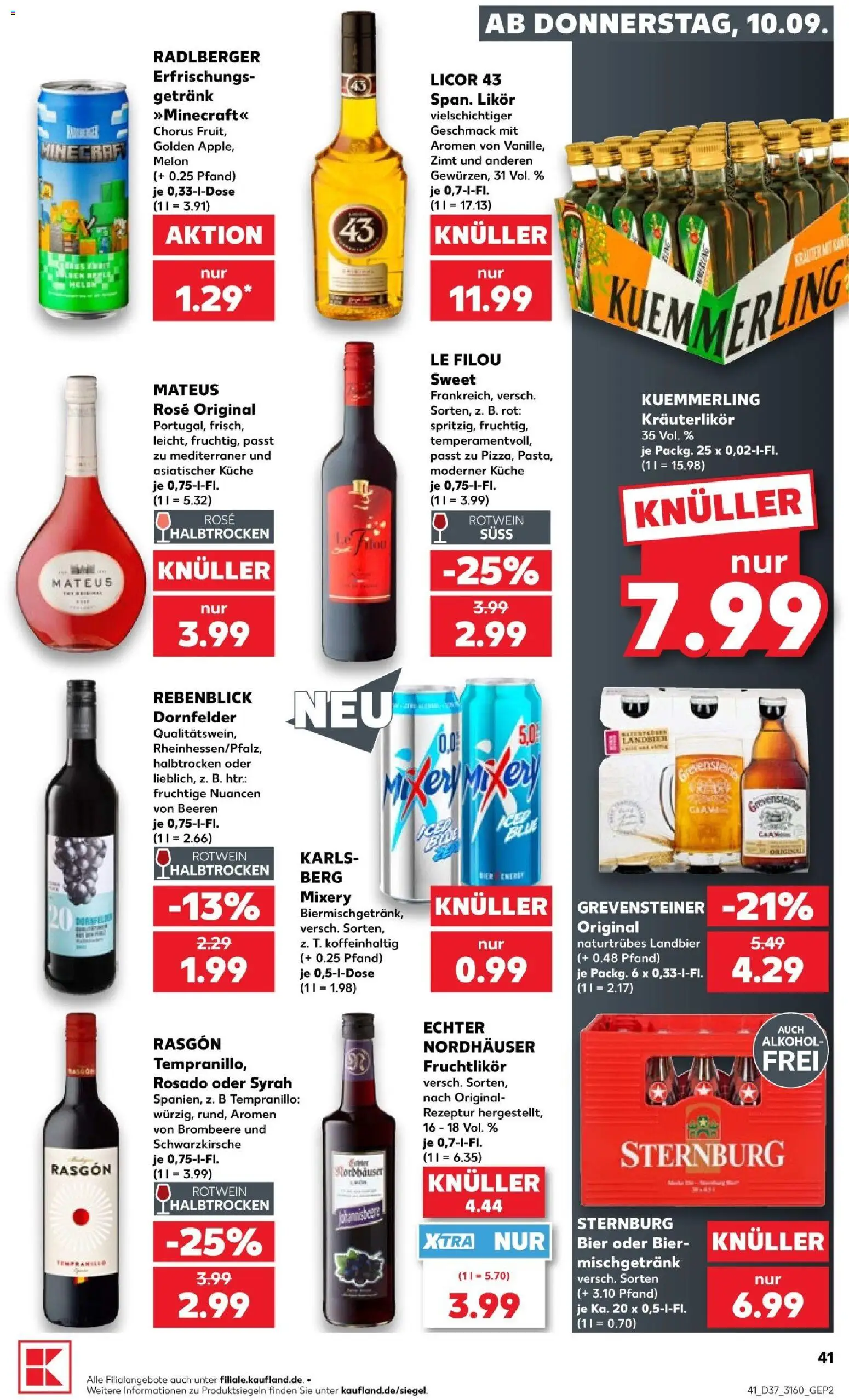 Vorschau von dem Prospekt des Geschäftes Kaufland, gültig ab dem 10.09.2026 - Küche, Bier, Alkohol, Rotwein, Likör, Mixery, Kuemmerling, Le filou