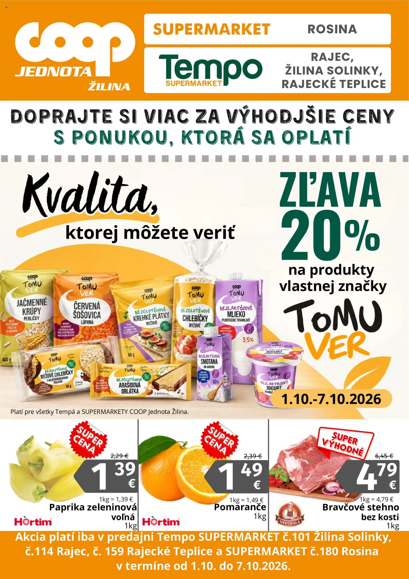 Náhľad COOP Jednota letáku platného od 01.10.2026 - Krúpy, Paprika, Mlieko, Bravčové stehno, Smotana, Šošovica, Pomaranče, Ryžové chlebíčky