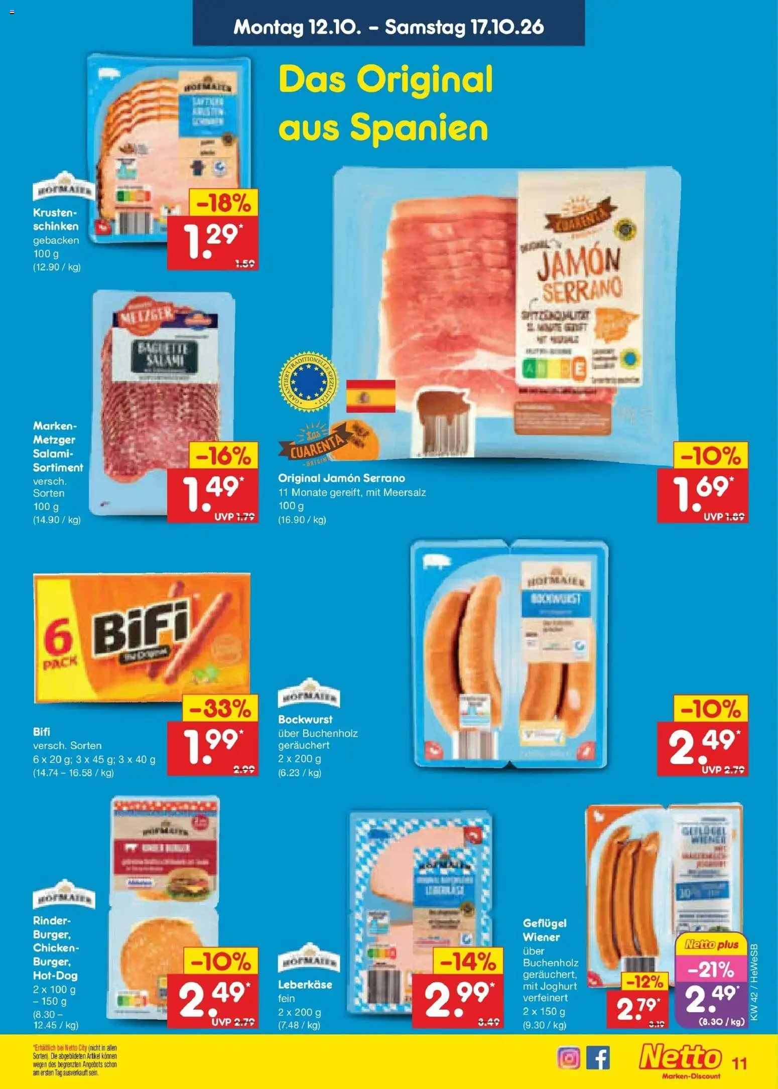 Vorschau von dem Prospekt des Geschäftes Netto Marken-Discount, gültig ab dem 12.10.2026 - Burger, Joghurt, Baguette, Salami, Schinken, Bockwurst, Bifi, Leberkase
