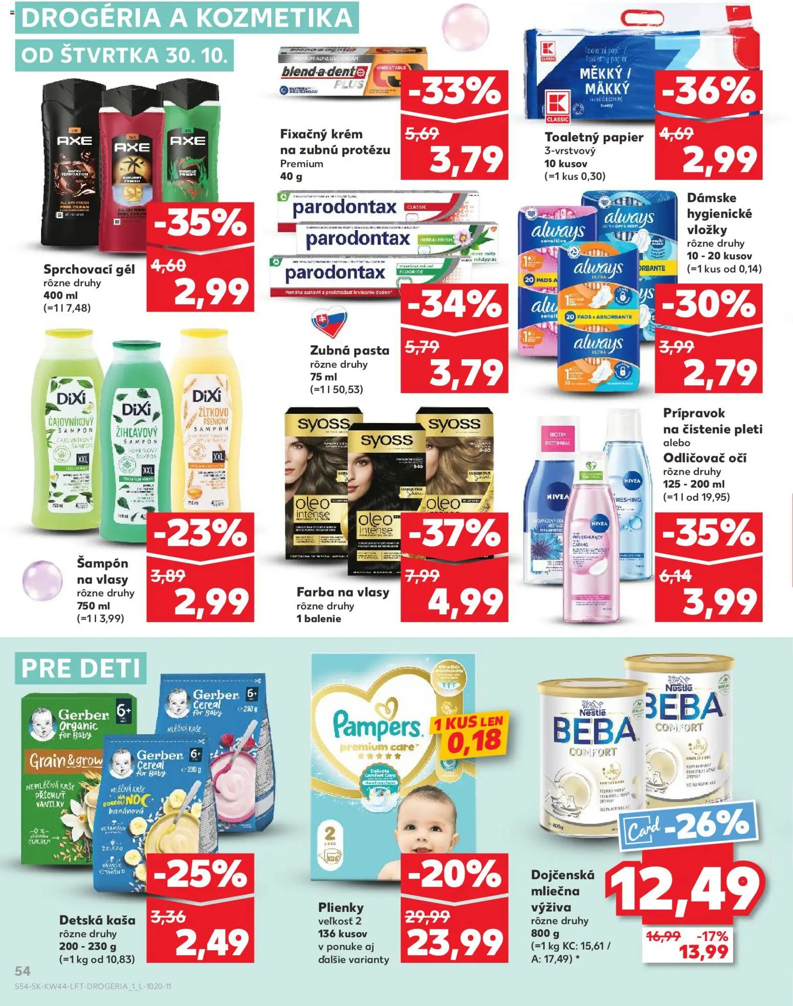 Náhľad Kaufland letáku platného od 30.10.2025 - Farba na vlasy, Toaletný papier, Plienky, Šampón, Zubná pasta, Krém, Odličovač, Odličovač očí