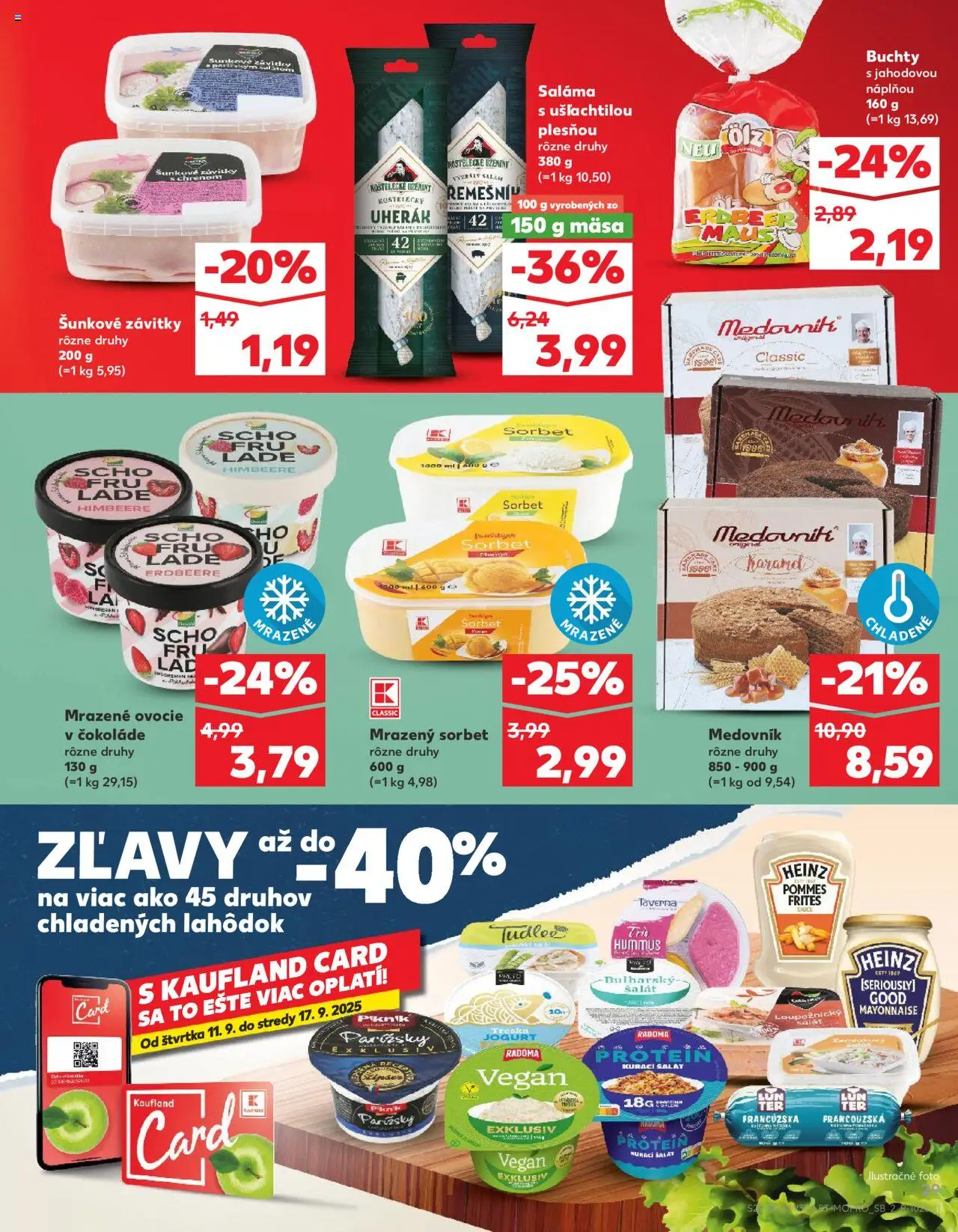 Náhľad Kaufland letáku platného od 11.09.2025 - Protein, Medovník, Ovocie, Šalát, Hummus, Jogurt, Sorbet, Saláma