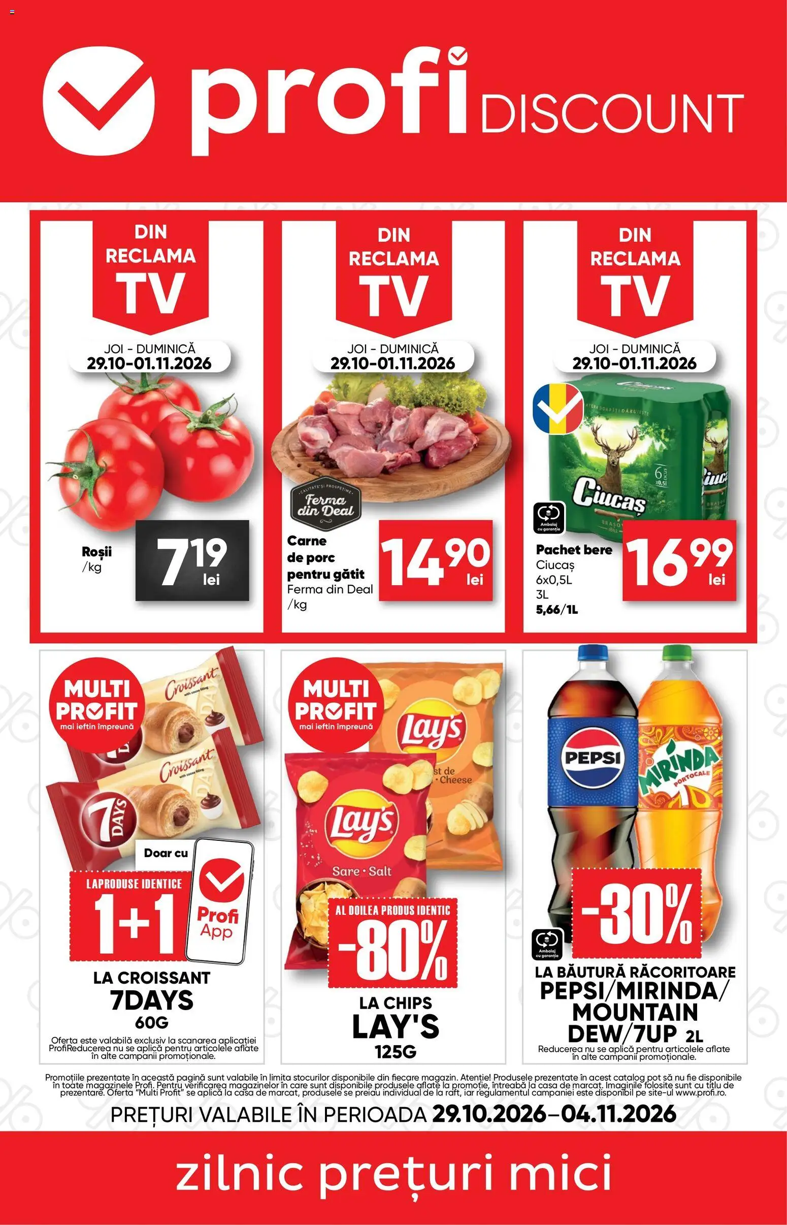 Previzualizarea de cataloage: Profi Profi Catalog Discount valabil de la 29.10.2026 - Mici, Bere, Croissant, Pepsi, Roșii, Sare, Aplică, Bautura racoritoare
