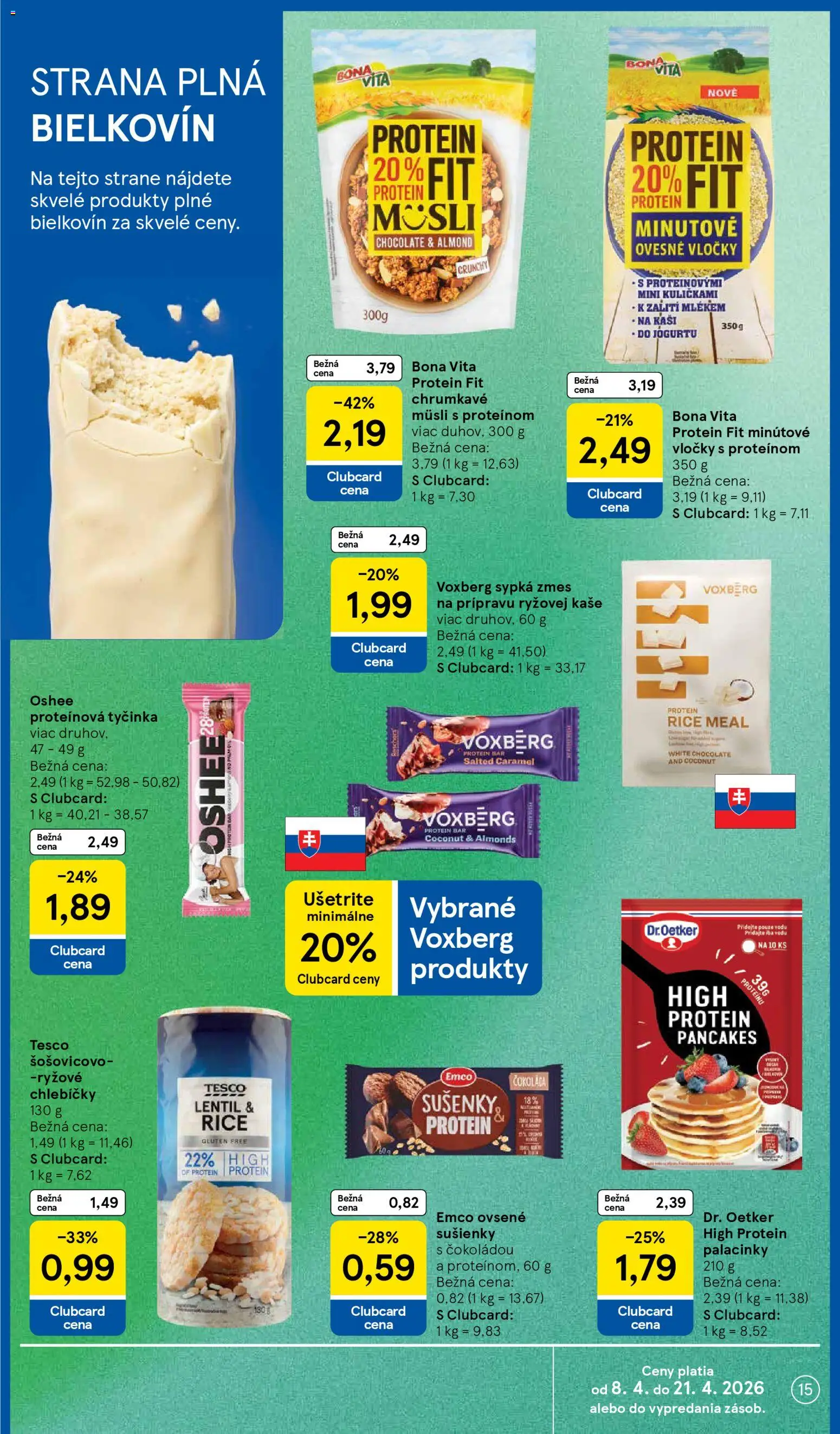 Náhľad Tesco letáku platného od 08.04.2026 - Protein, Voda, Čokoláda, Vločky, Sušienky, Müsli, Ryžové chlebíčky, Proteínová tyčinka