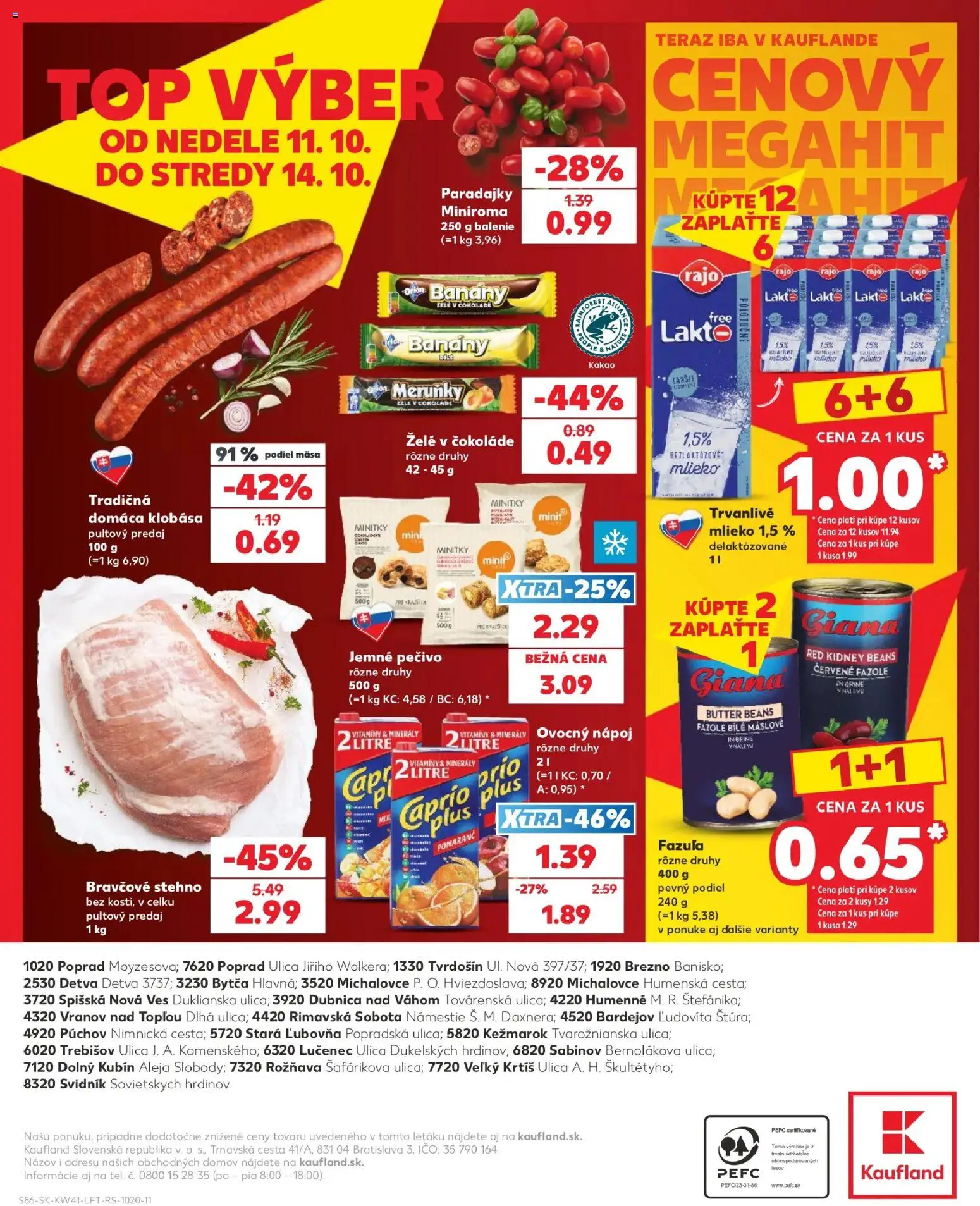 Náhľad Kaufland letáku platného od 08.10.2026 - Mlieko, Paradajky, Kakao, Klobása, Fazuľa, Bravčové stehno, Pečivo, Banány