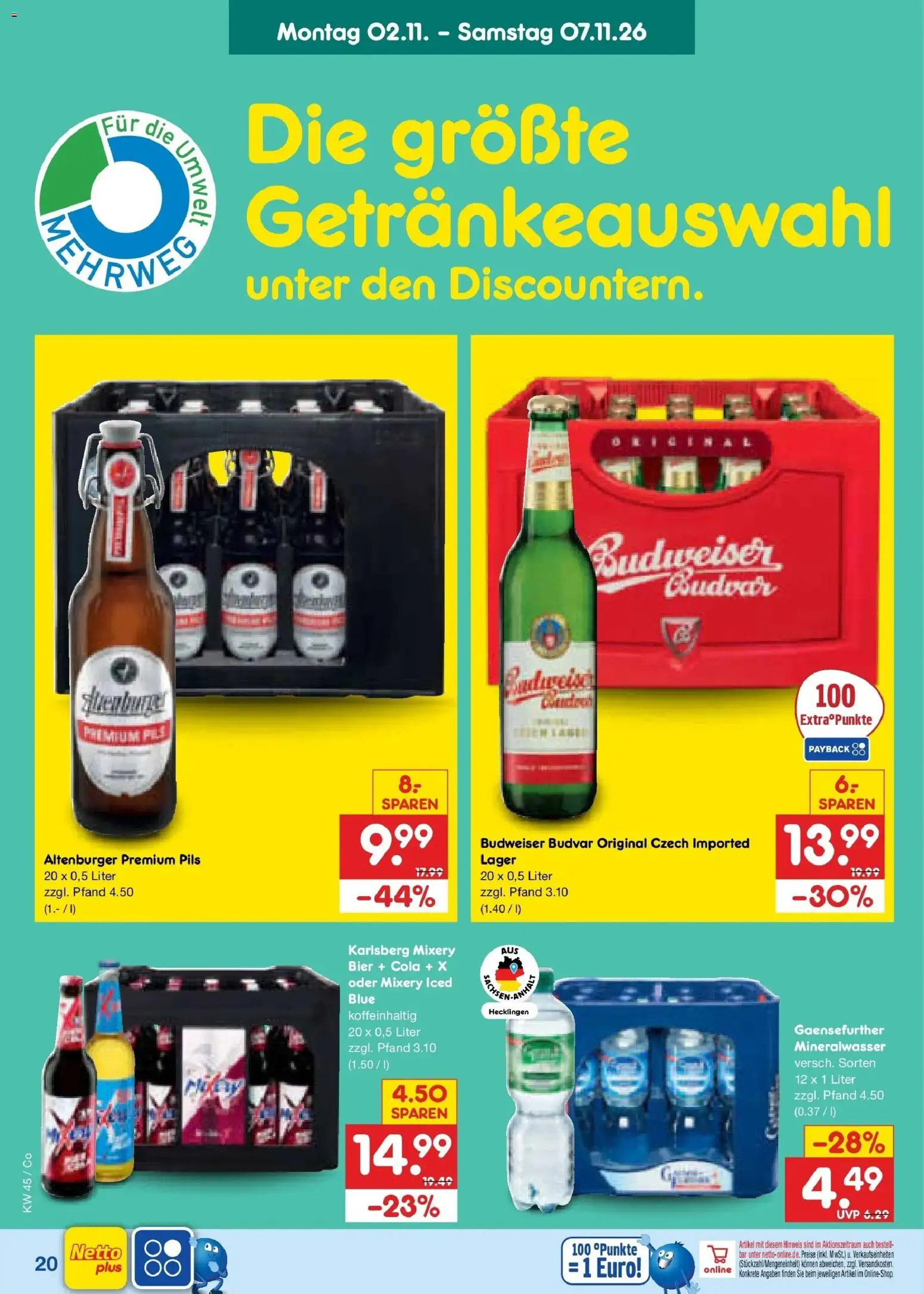 Vorschau von dem Prospekt des Geschäftes Netto Marken-Discount, gültig ab dem 02.11.2026 - Bier, Cola, Mineralwasser, Budweiser, Mixery, Pils