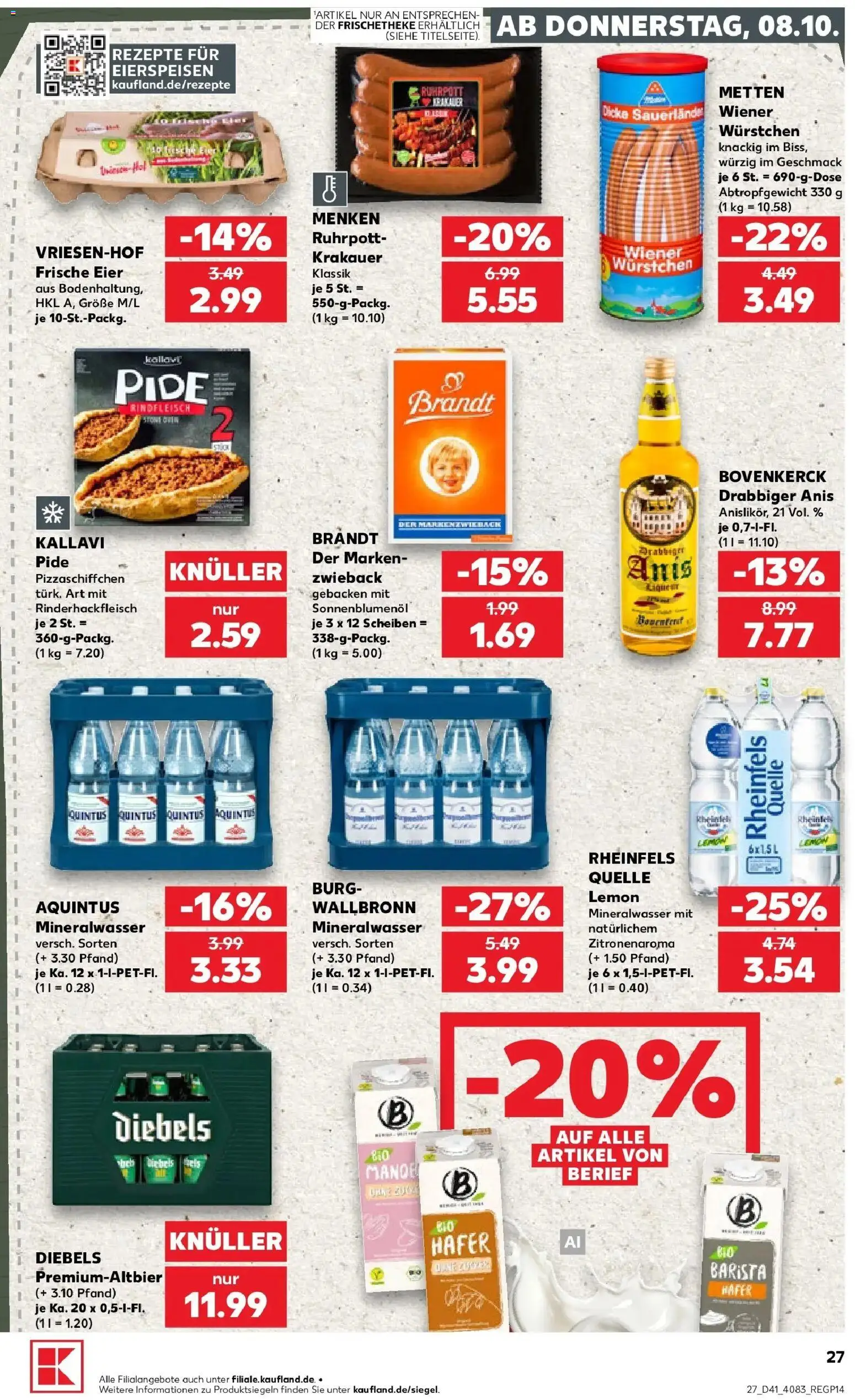 Vorschau von dem Prospekt des Geschäftes Kaufland, gültig ab dem 08.10.2026 - Mineralwasser, Eier, Rindfleisch, Rheinfels quelle, Diebels, Sonnenblumenol, Wiener wurstchen