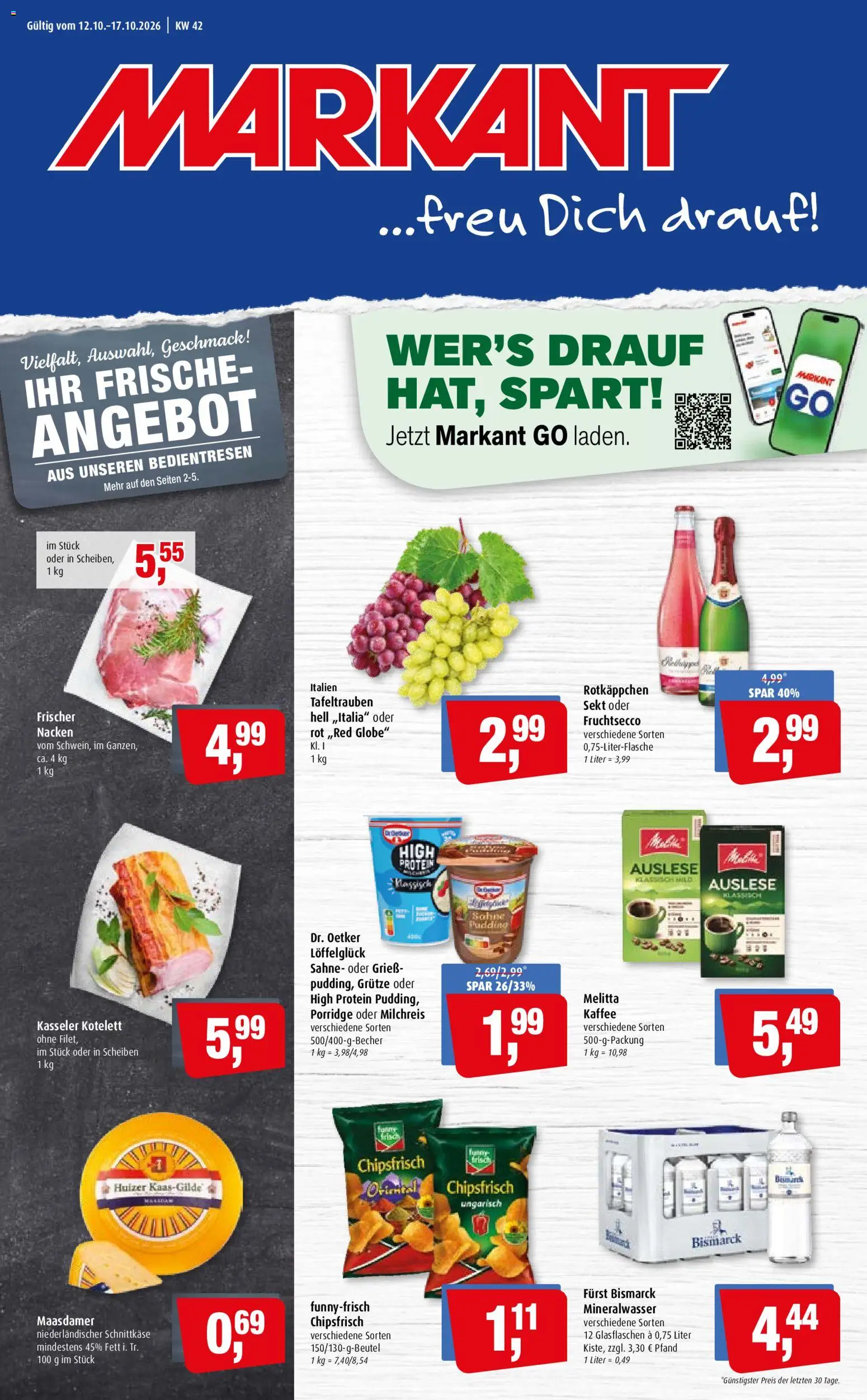 Vorschau von dem Prospekt des Geschäftes Markant, gültig ab dem 12.10.2026 - Kaffee, Mineralwasser, Rotkäppchen, Sahne, Sekt, Melitta, Grieß, Rotkappchen sekt