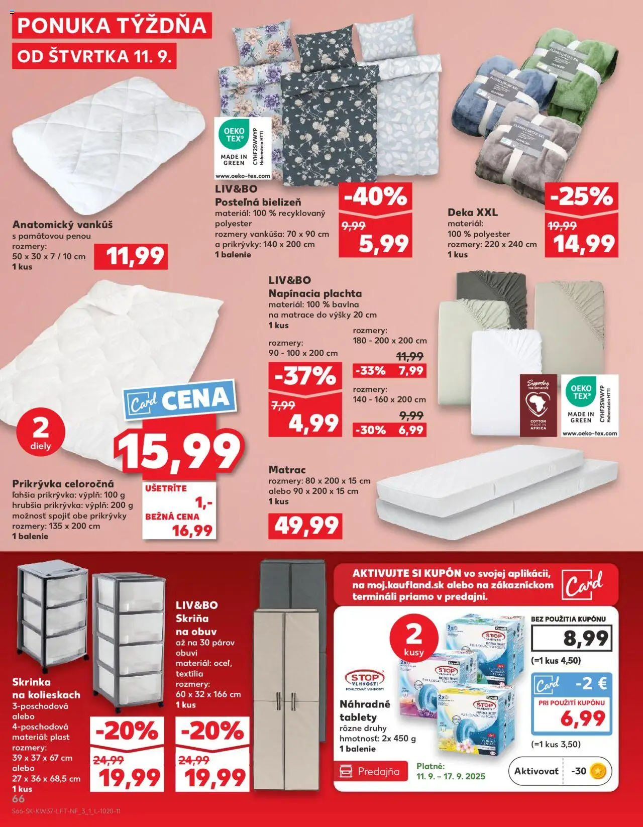 Náhľad Kaufland letáku platného od 11.09.2025 - Matrace, Matrac, Vankúš, Skrinka, Skriňa, Plachta, Prikrývka