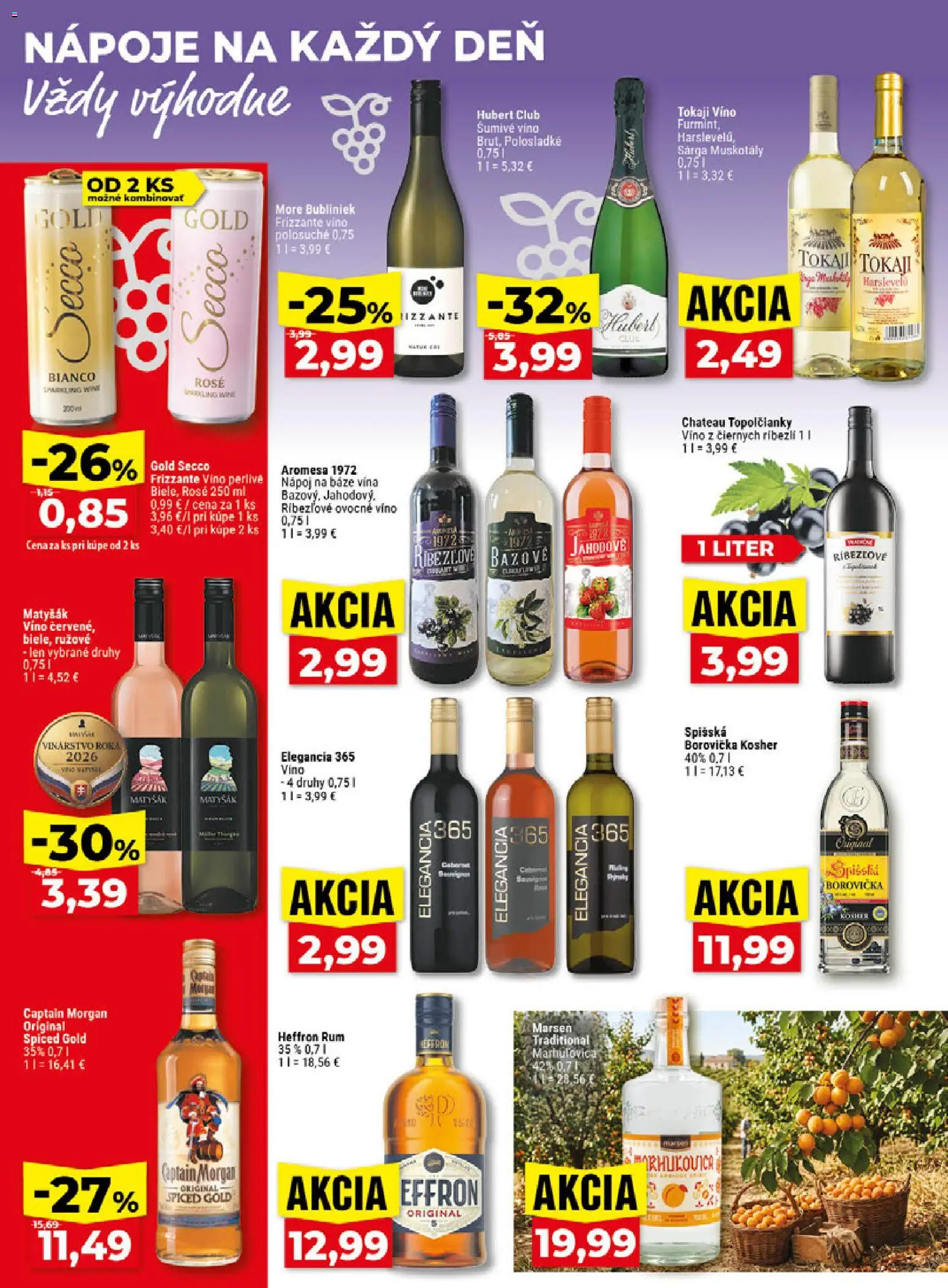 Náhľad Klas letáku platného od 02.11.2026 - Víno, Rum, Borovička, Captain Morgan, Heffron rum, Šumivé víno, Nápoje, Secco Bianco