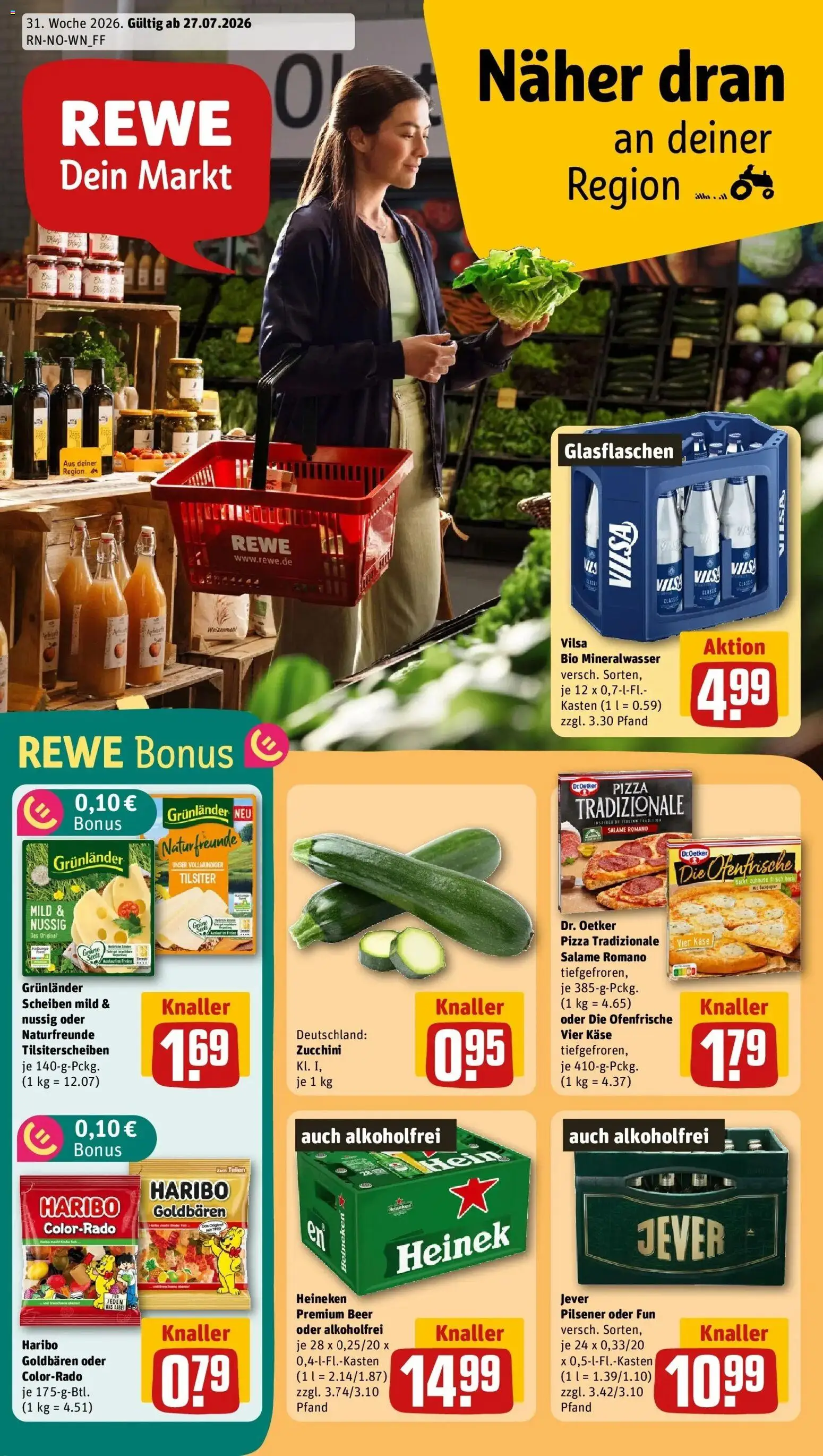 Vorschau von dem Prospekt des Geschäftes Rewe, gültig ab dem 27.07.2026 - Pizza, Käse, Haribo, Mineralwasser, Jever, Weizenmehl, Ofenfrische, Grunlander