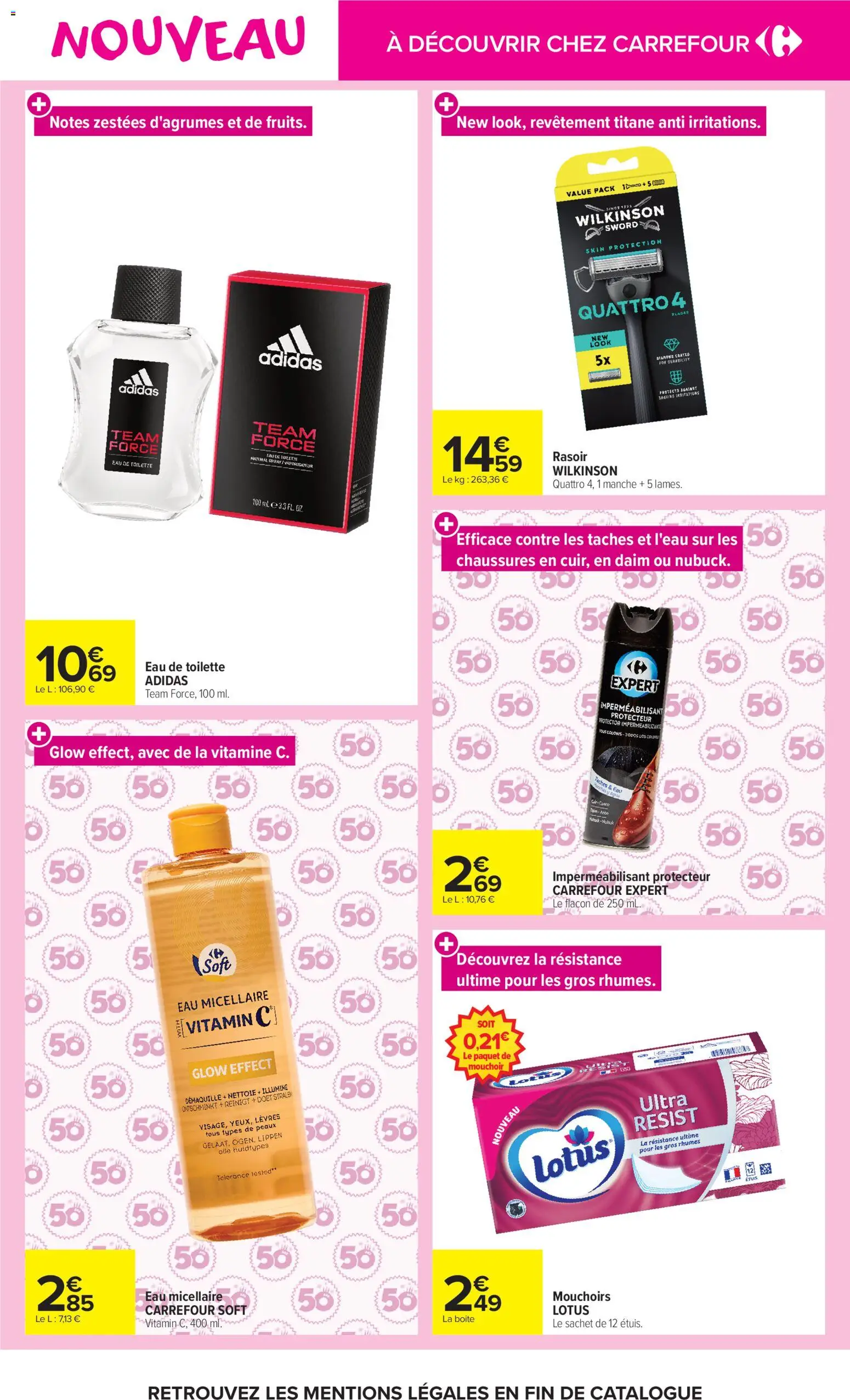 Prévisualisation de Carrefour Market Innos novembre du magasin Carrefour Market formulaire valide 03/11/2026 - Adidas, Chaussures, Lotus, Daim, Eau de toilette, Eau micellaire, Mouchoirs, Vaporisateur