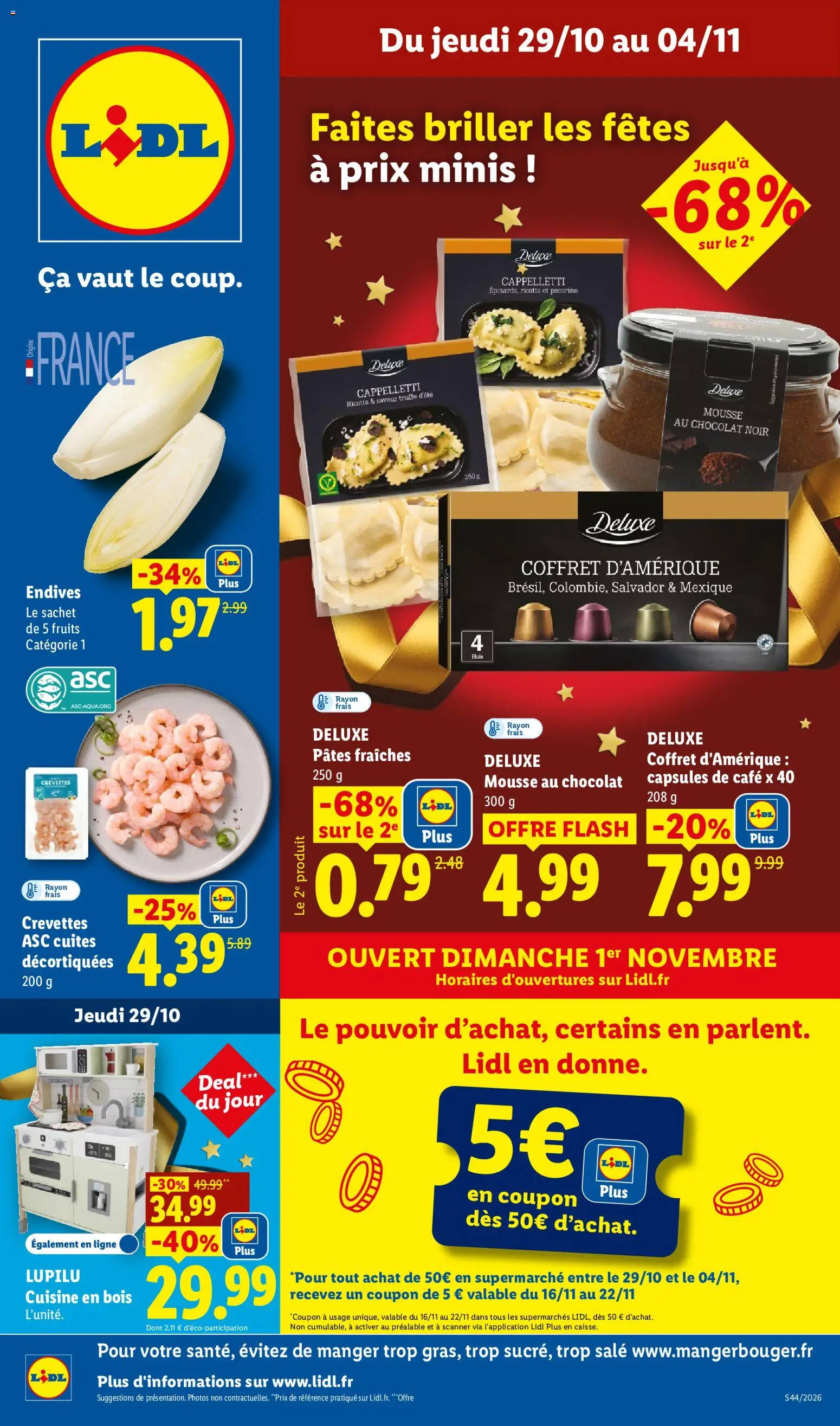 Prévisualisation de LIDL catalogue du magasin LIDL formulaire valide 29/10/2026 - Chocolat, Fruits, Ricotta, Pâtes, Capsules, Chocolat noir, Crevettes, Pâtes fraîches