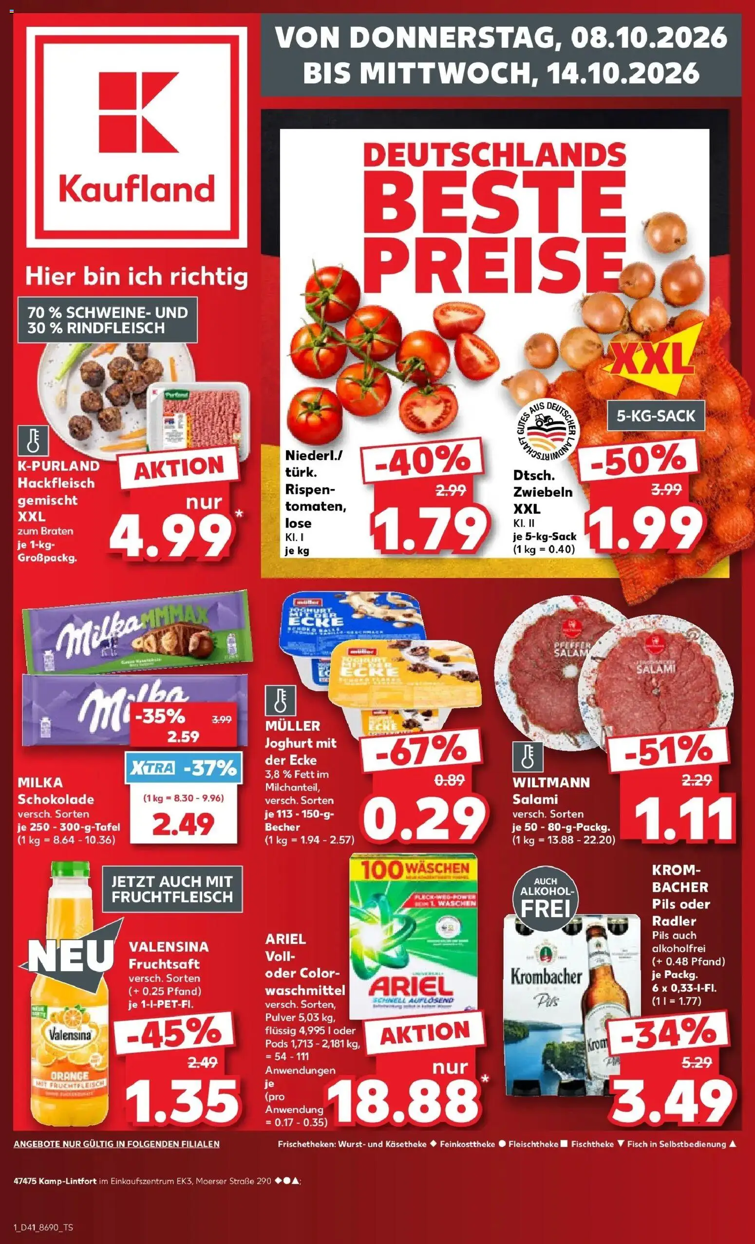 Vorschau von dem Prospekt des Geschäftes Kaufland, gültig ab dem 08.10.2026 - Fisch, Joghurt, Ariel, Salami, Waschmittel, Rindfleisch, Zwiebeln, Fruchtsaft