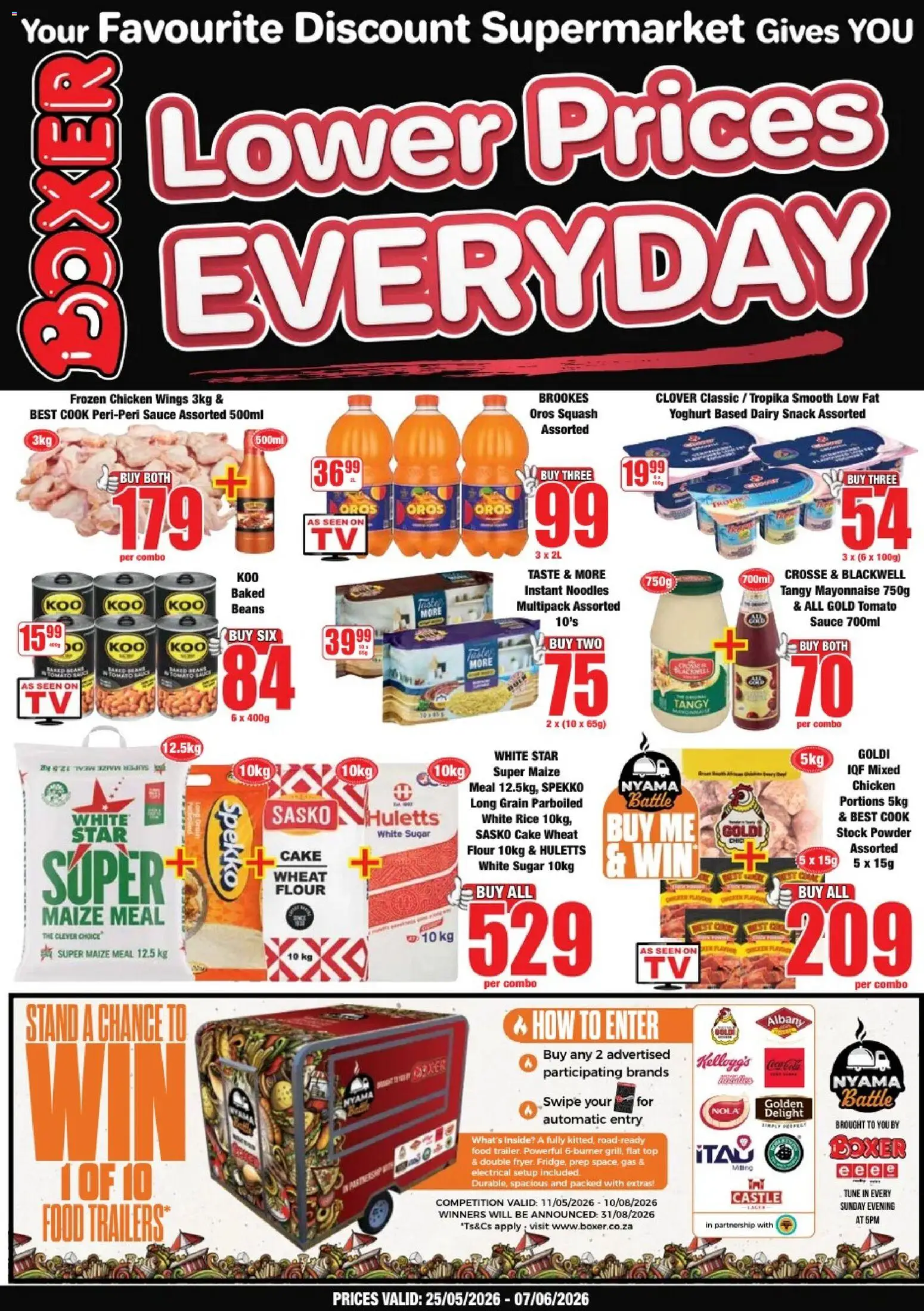 Preview of Boxer flyer valid from 25/05/2026 - Noodles, Rice, Maize meal, Stock, Squash, Sauce, Powder, Frozen chicken