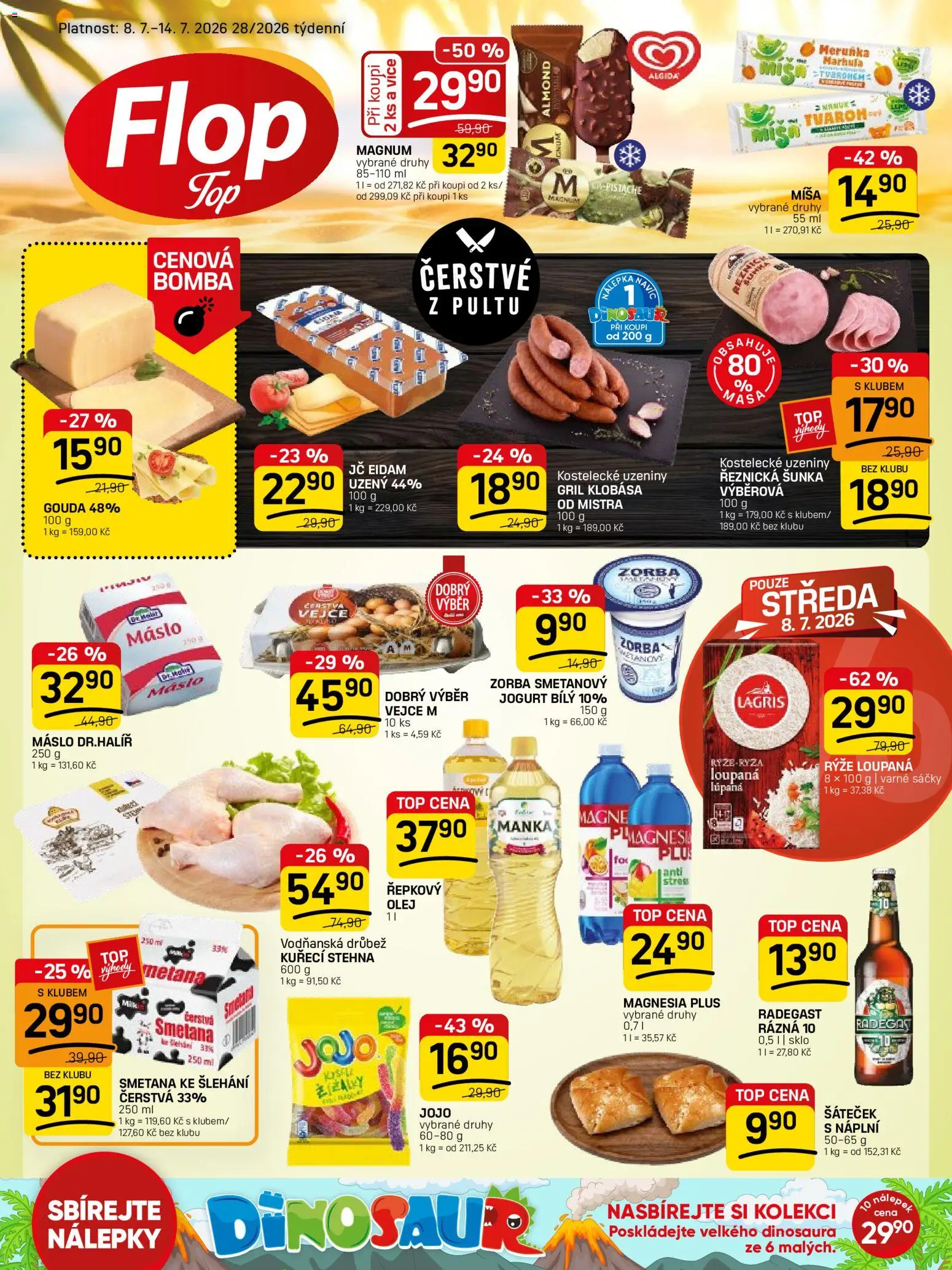 Náhled nabídky: Flop Leták FLOP TOP platný od 08.07.2026 - Olej, Jogurt, Magnum, Klobása, Nálepky, Eidam, Uzeniny, Drůbež