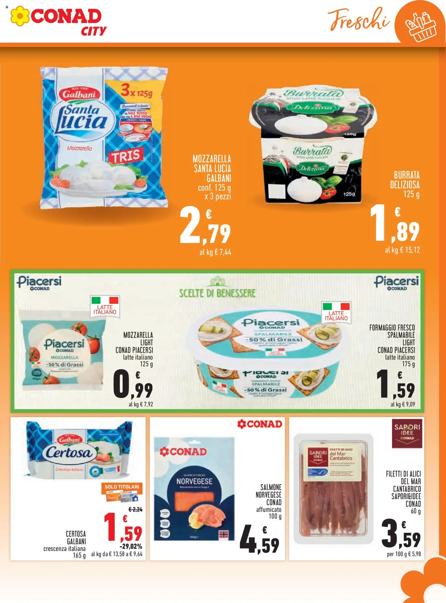 Anteprima dell'opuscolo Conad volantino City Piemonte dal negozio Conad valido da 27/08/2026 - Latte, Salmone, Mozzarella, Alici, Crescenza, Mozzarella santa lucia, Formaggio fresco, Formaggio fresco spalmabile
