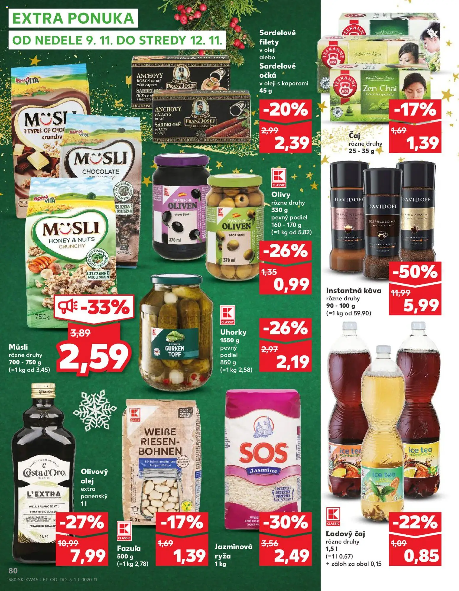 Náhľad Kaufland letáku platného od 06.11.2025 - Káva, Olivový olej, Ryža, Fazuľa, Olivy, Davidoff, Teekanne, Uhorky