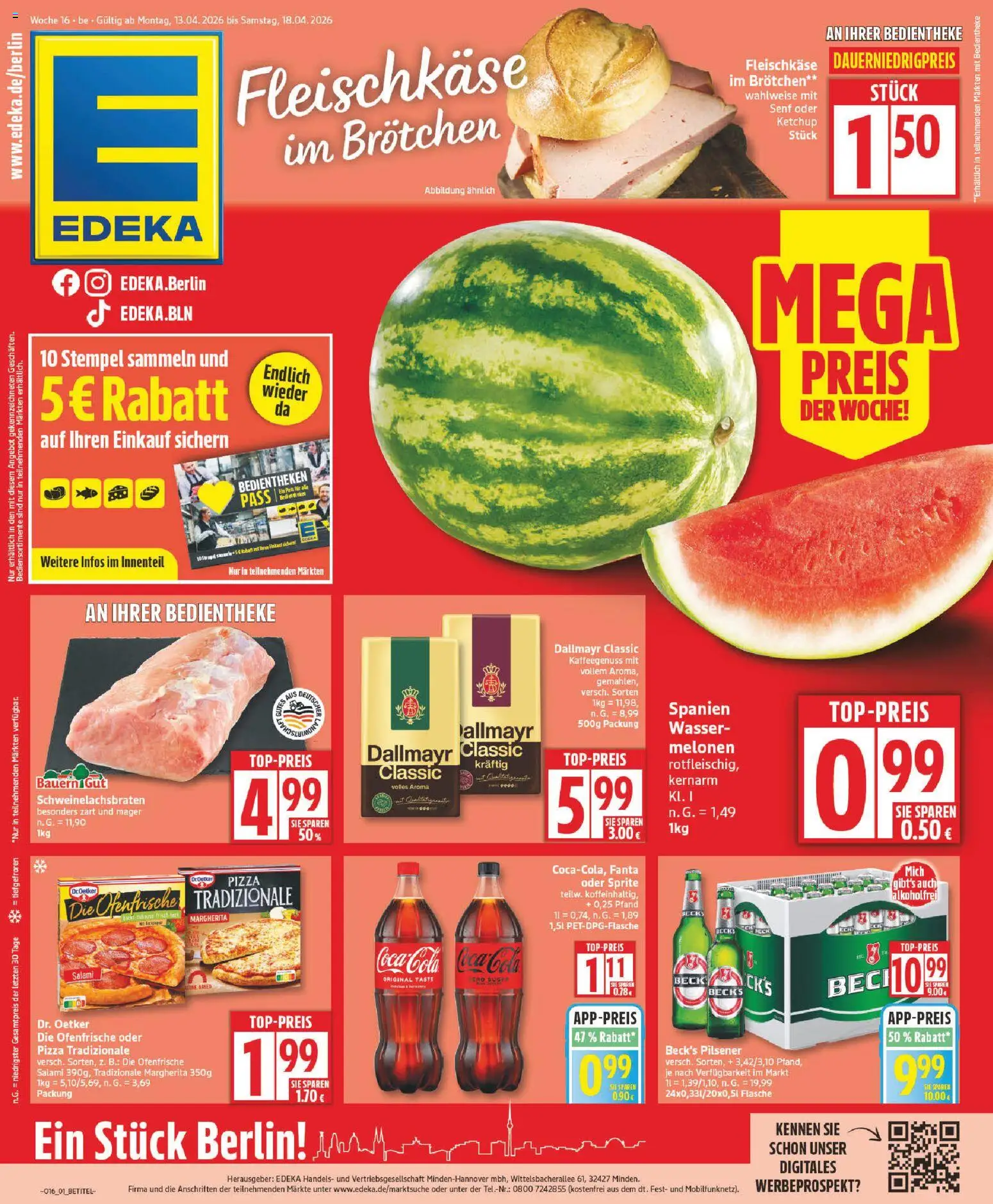 Vorschau von dem Prospekt des Geschäftes Edeka, gültig ab dem 13.04.2026 - Pizza, Wasser, Coca cola, Cola, Dallmayr, Salami, Ketchup, Sprite