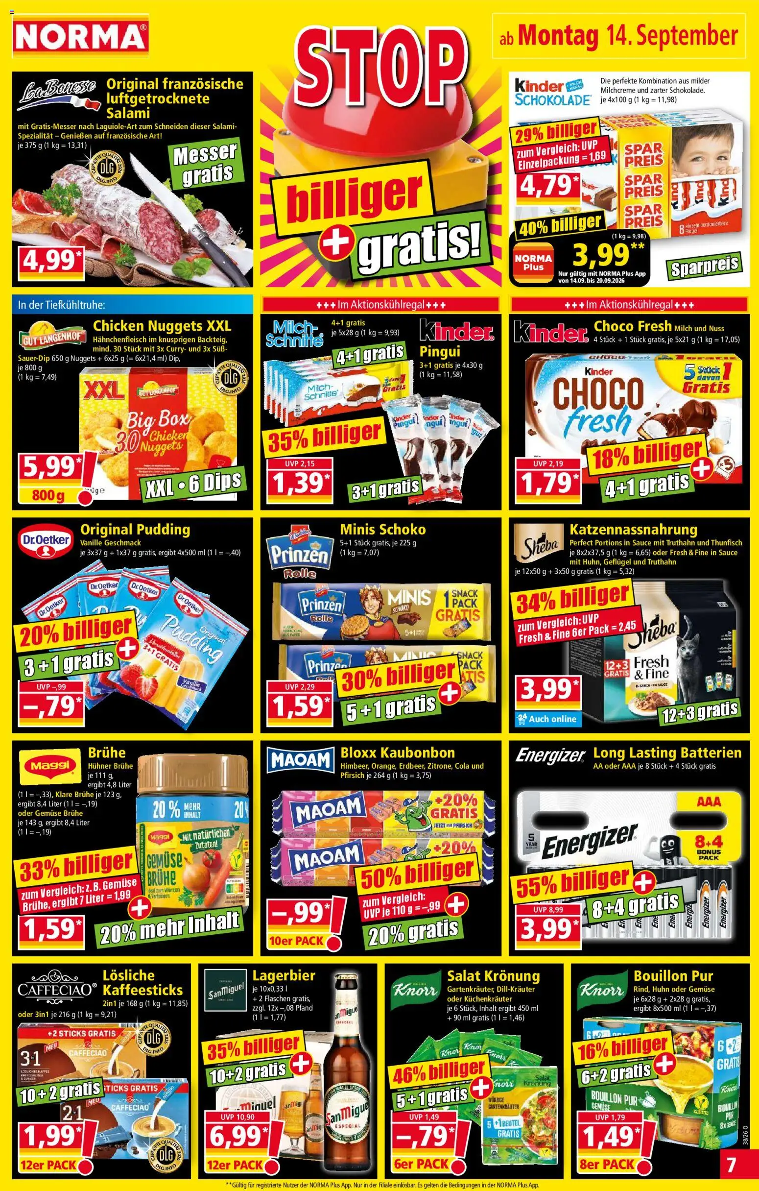 Vorschau von dem Prospekt des Geschäftes Norma, gültig ab dem 14.09.2026 - Batterien, Cola, Salat, Maggi, Milch, Salami, Knorr, Sheba