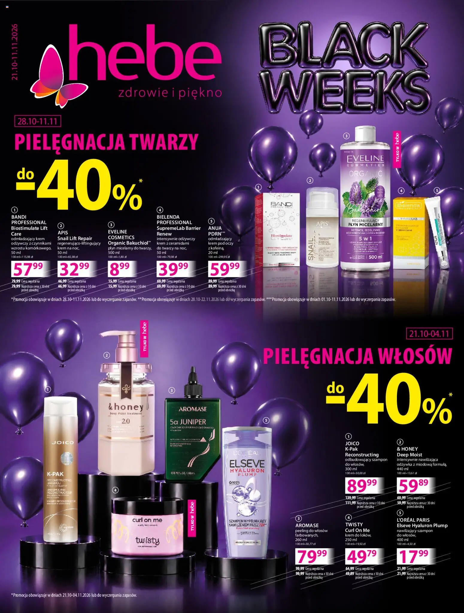 Pogląd gazetki "Hebe Black Weeks" ze sklepu Hebe ważnej od 28.10.2026 - Bielenda, Krem, Szampon, Peeling, Płyn micelarny, Odżywka, Peeling do włosów
