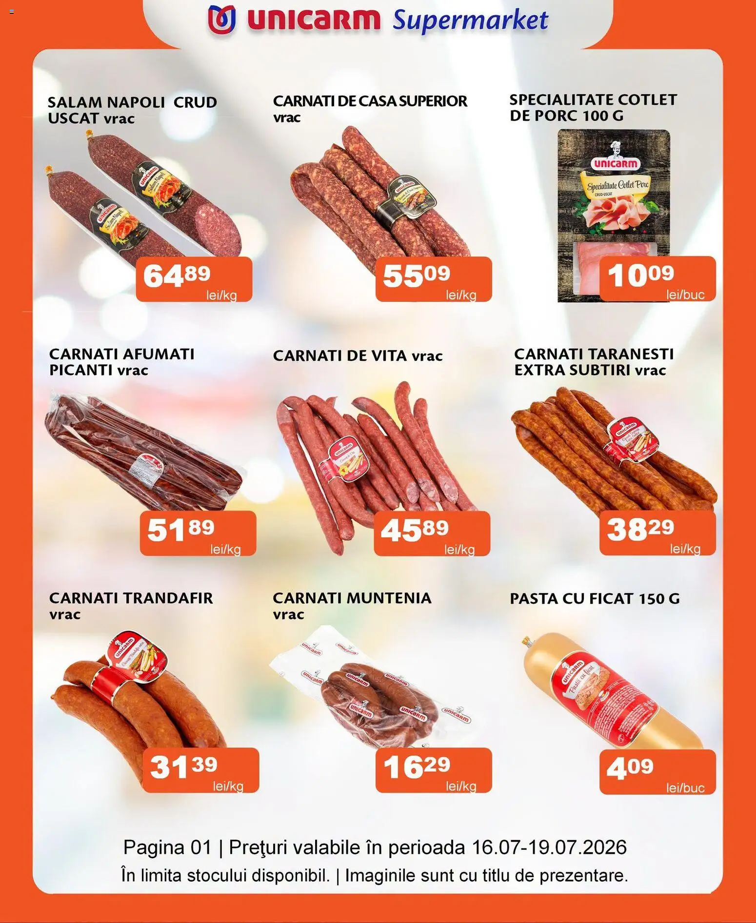 Previzualizarea de cataloage: Unicarm Unicarm Catalog Carne valabil de la 16.07.2026 - Trandafir, Salam, Vită, Cârnați, Cotlet, Cotlet porc