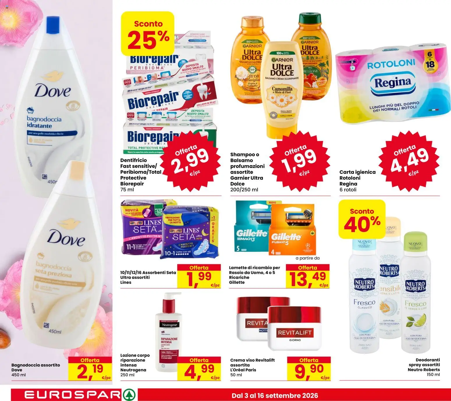 Anteprima dell'opuscolo Eurospar volantino Rovereto dal negozio Eurospar valido da 03/09/2026 - Fiori, Miele, Shampoo, Carta igienica, Crema viso, Tè verde, Dentifricio, Tè