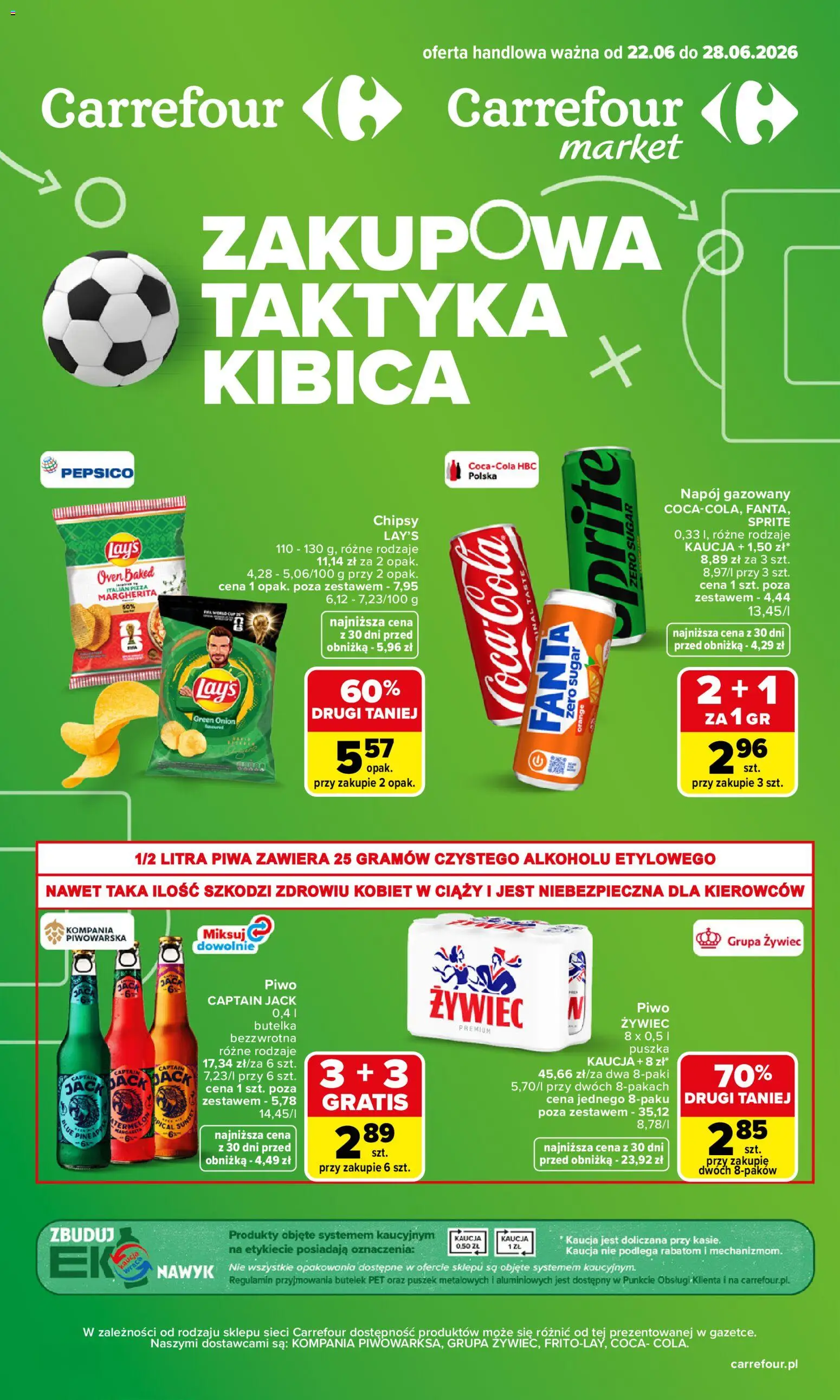 Pogląd gazetki "Carrefour gazetka - Zakupowa taktyka kibica" ze sklepu Carrefour ważnej od 22.06.2026 - Pizza, Piwo, Coca cola, Chipsy, Sprite