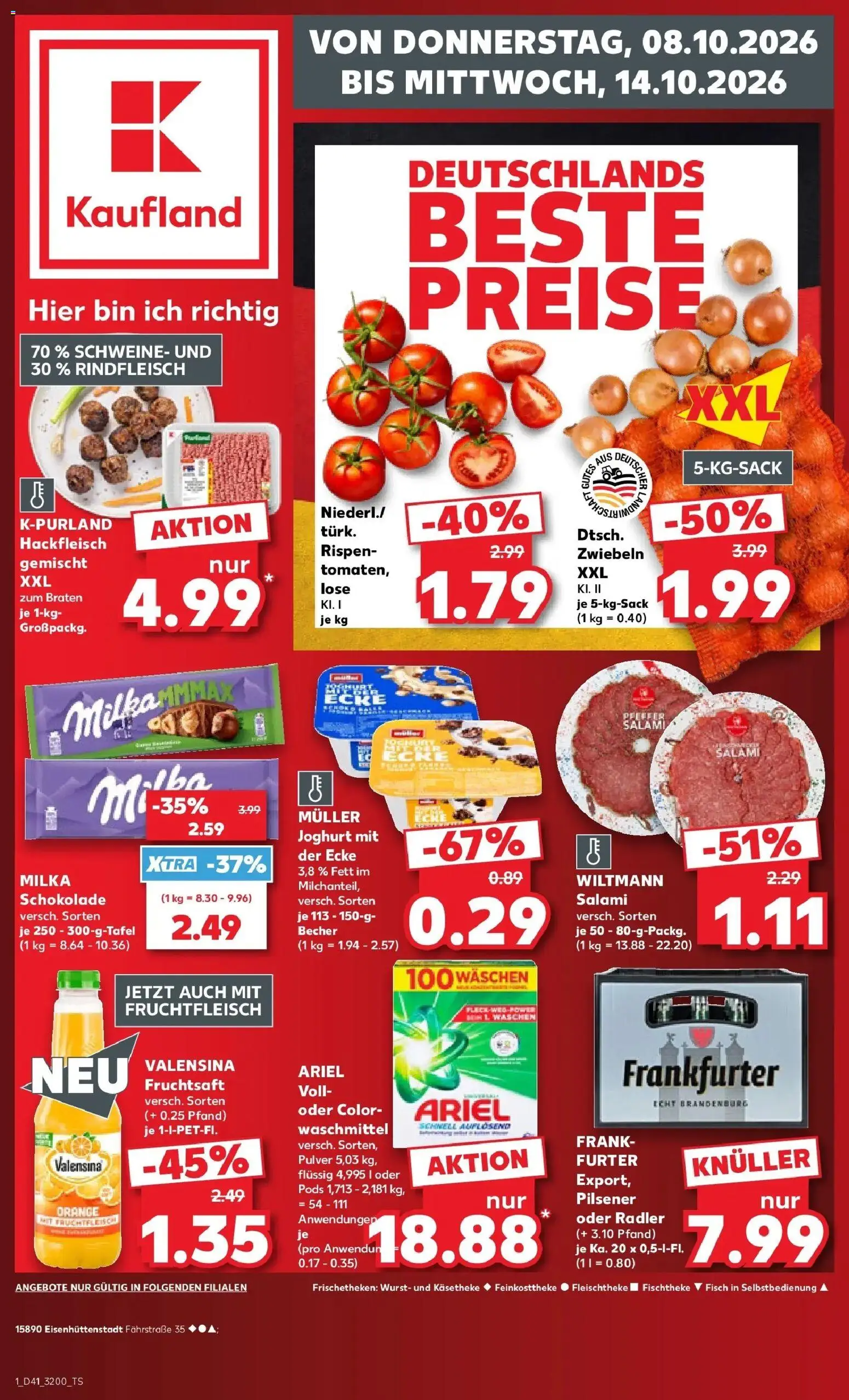 Vorschau von dem Prospekt des Geschäftes Kaufland, gültig ab dem 08.10.2026 - Schokolade, Fisch, Milka, Salami, Waschmittel, Rindfleisch, Radler, Zwiebeln