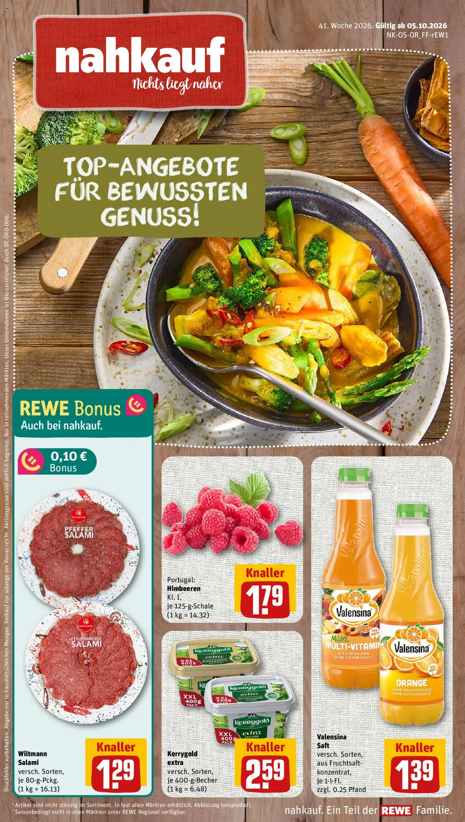 Vorschau von dem Prospekt des Geschäftes Nahkauf, gültig ab dem 05.10.2026 - Himbeeren, Salami, Rapsöl, Saft, Valensina, Fruchtsaft