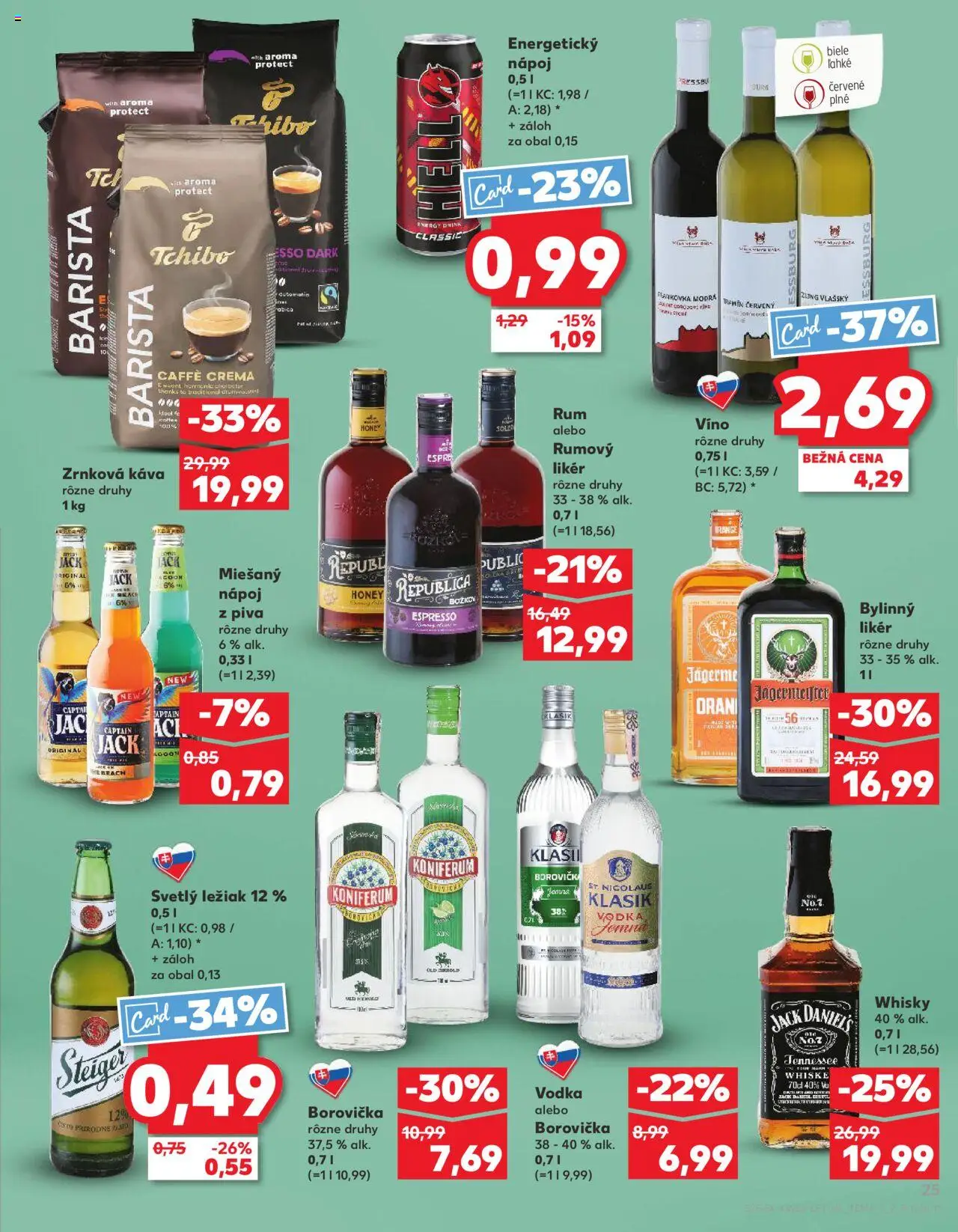 Náhľad Kaufland letáku platného od 04.09.2025 - Víno, Rum, Borovička, Jägermeister, Brandy, Zrnková káva, Koniferum, Energetický nápoj