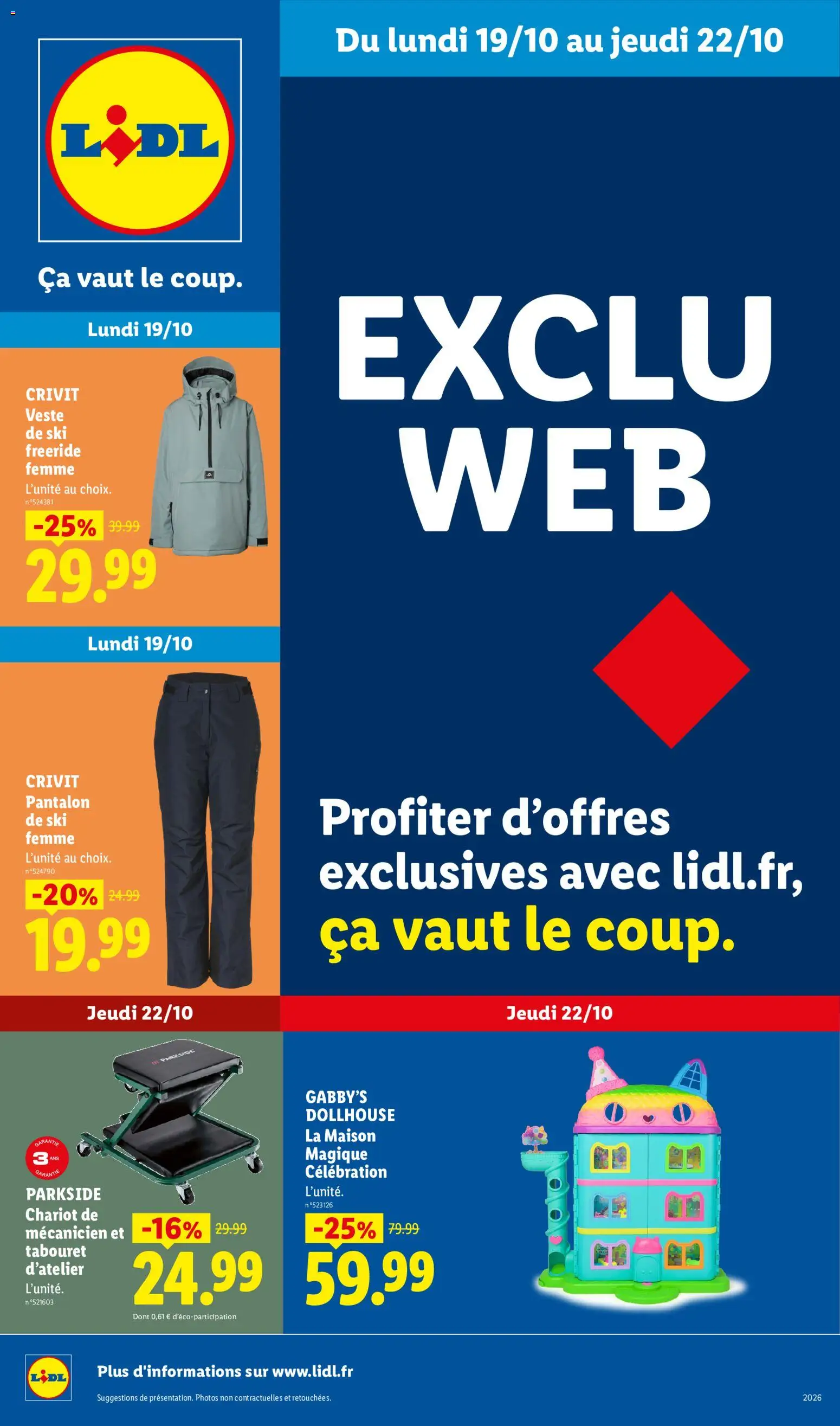 Prévisualisation de LIDL catalogue les bonnes affaires Exclu Web du magasin LIDL formulaire valide 19/10/2026 - Ski, Veste, Pantalon, Chariot, Pantalon de ski, Veste de ski, Pantalon de ski femme, Chariot de mécanicien