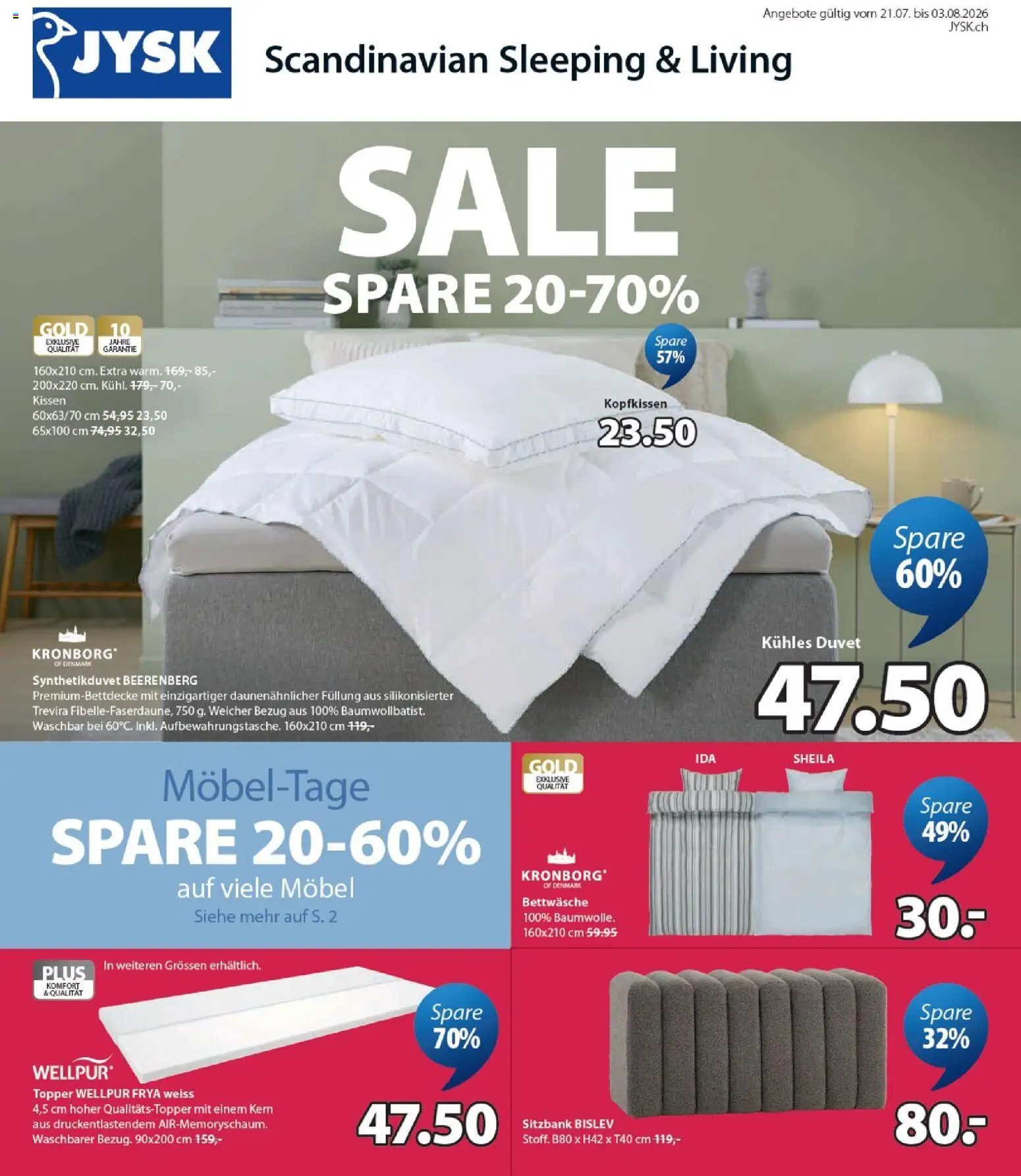 Vorschau des Merkblatts JYSK aktionen vom Shop JYSK gültig von 21.07.2026 bis 03.08.2026 - Bettwäsche, Kissen, Sitzbank, Topper, Kopfkissen