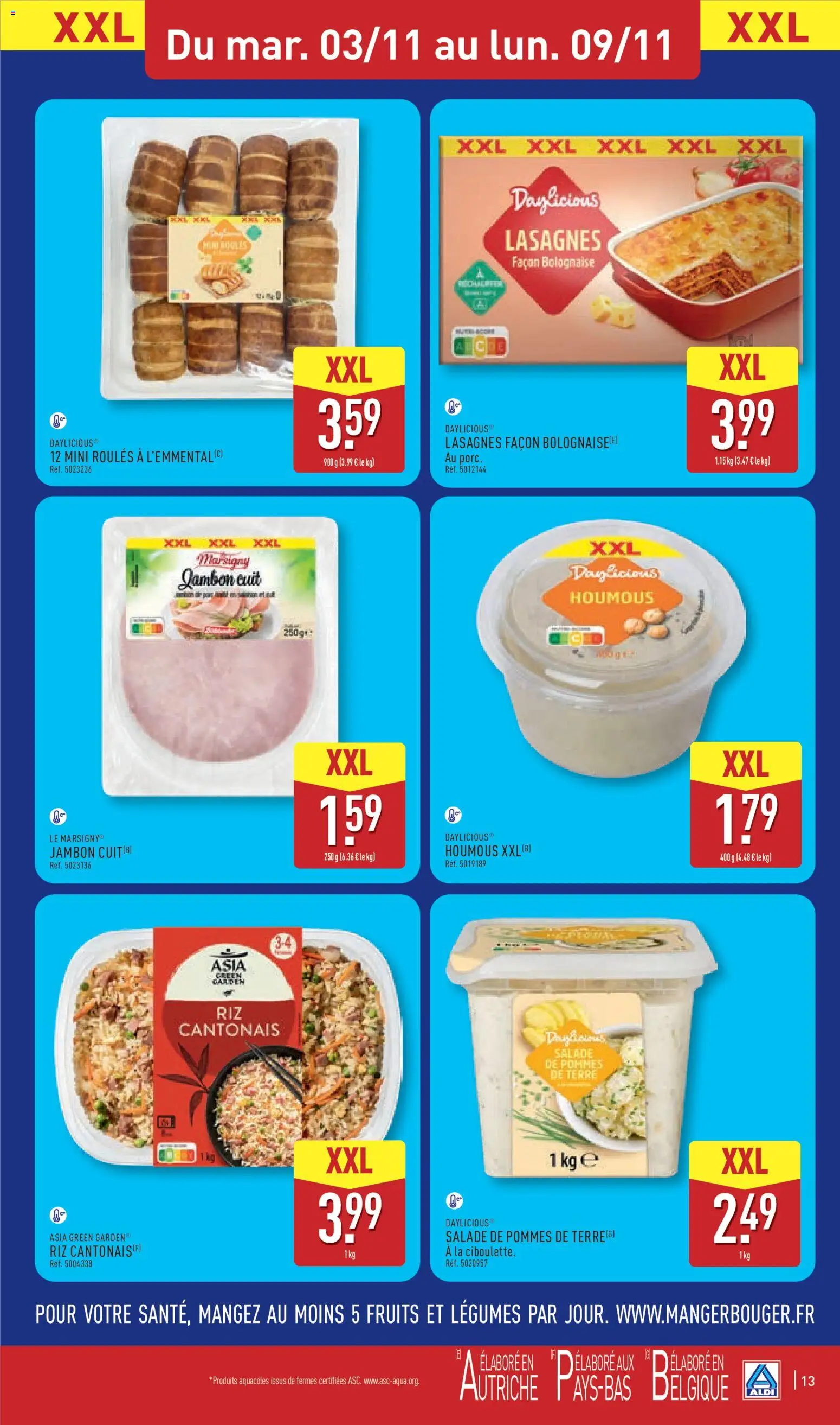 Prévisualisation de Aldi catalogue du magasin Aldi formulaire valide 03/11/2026 - Lasagnes, Salade, Salade de pommes de terre, Houmous, Pommes de terre, Jambon, Riz, Pommes