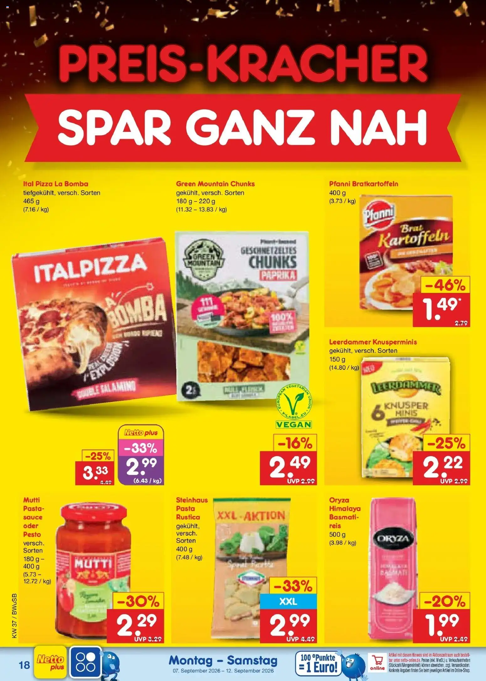 Vorschau von dem Prospekt des Geschäftes Netto Marken-Discount, gültig ab dem 07.09.2026 - Pizza, Pasta, Paprika, Reis, Kartoffeln, Leerdammer