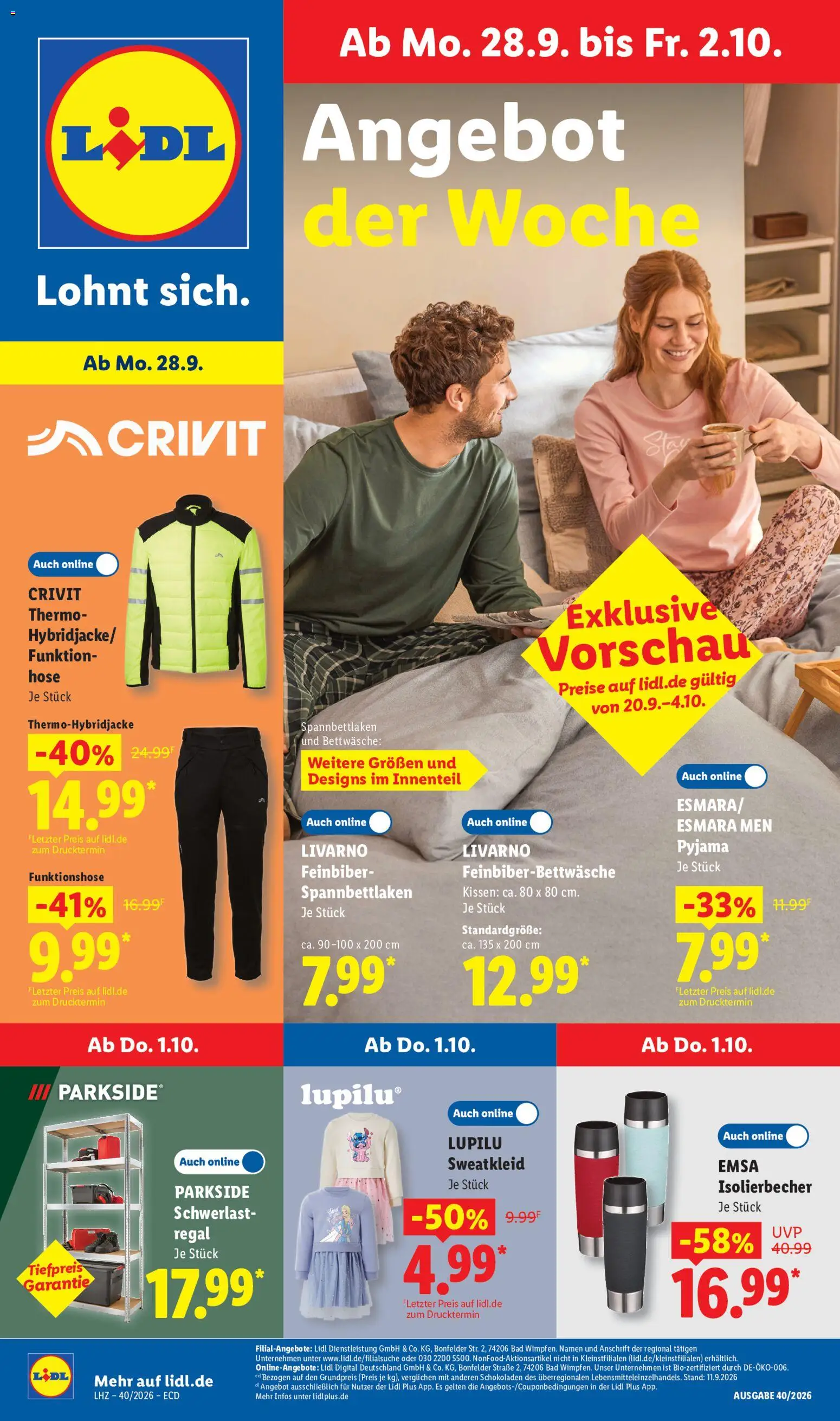 Vorschau von dem Prospekt des Geschäftes Lidl, gültig ab dem 28.09.2026 - Bettwäsche, Bad, Schwerlastregal, Regal, Pyjama, Kissen, Hose