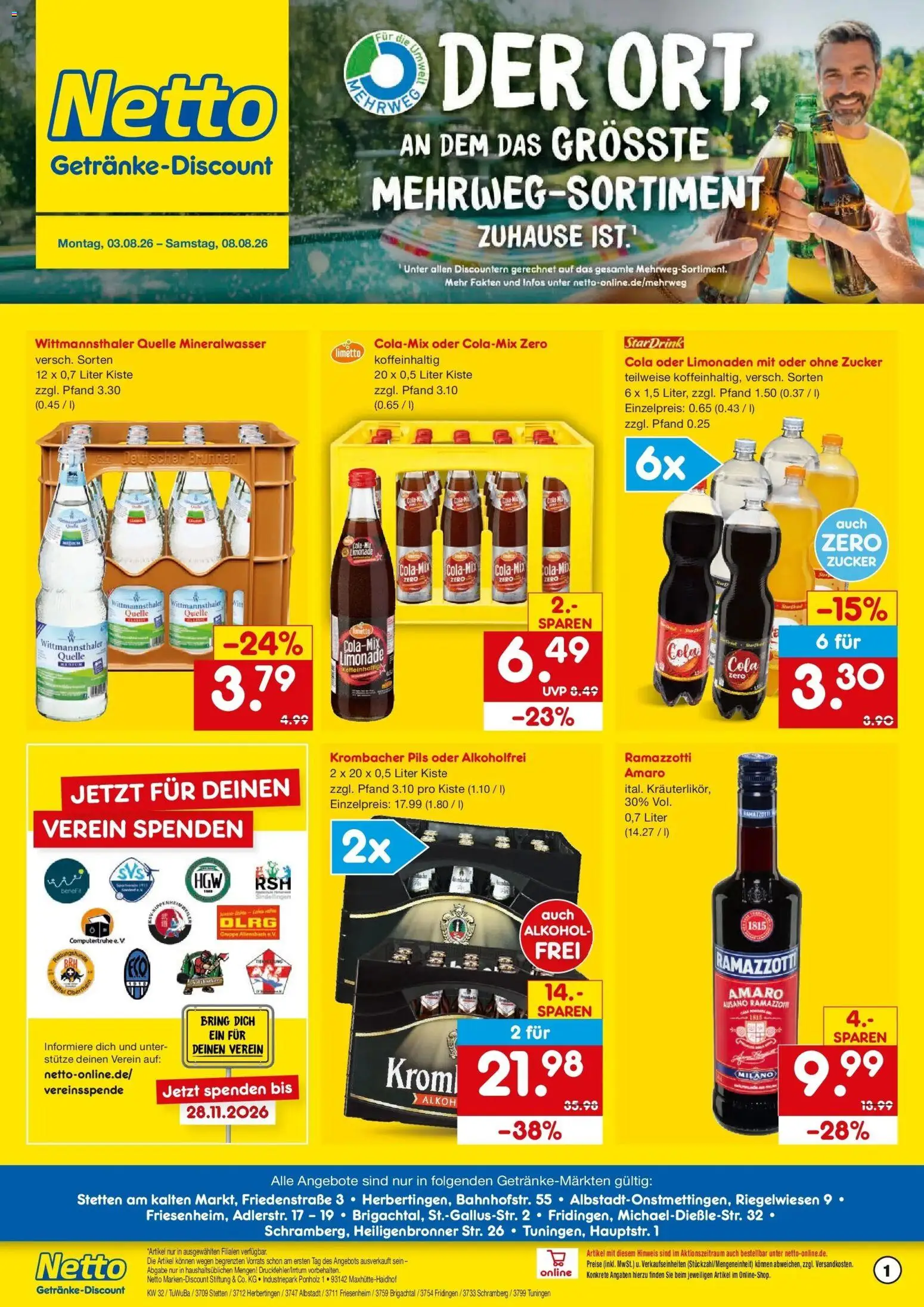 Vorschau von dem Prospekt des Geschäftes Netto Marken-Discount, gültig ab dem 03.08.2026 - Cola, Mineralwasser, Alkohol, Krombacher, Ramazzotti, Zucker, Limonade, Pils